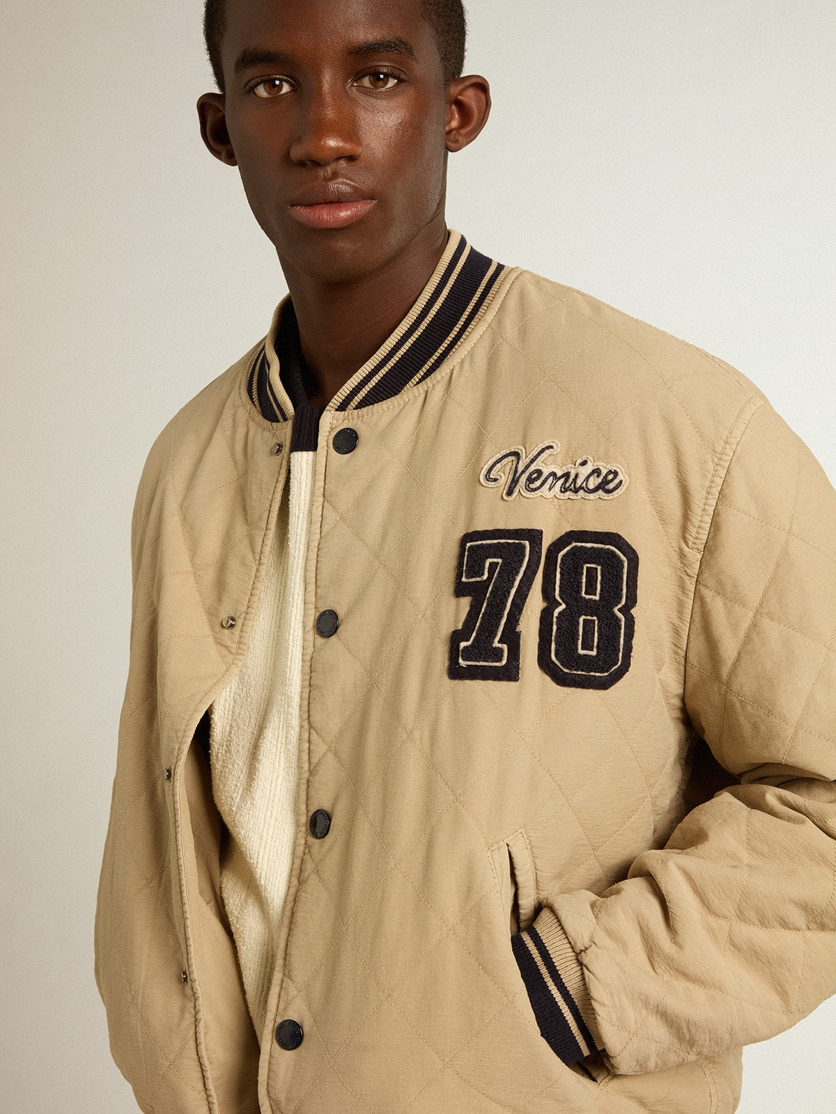 Khaki-colored quilted cotton bomber jacket - 2