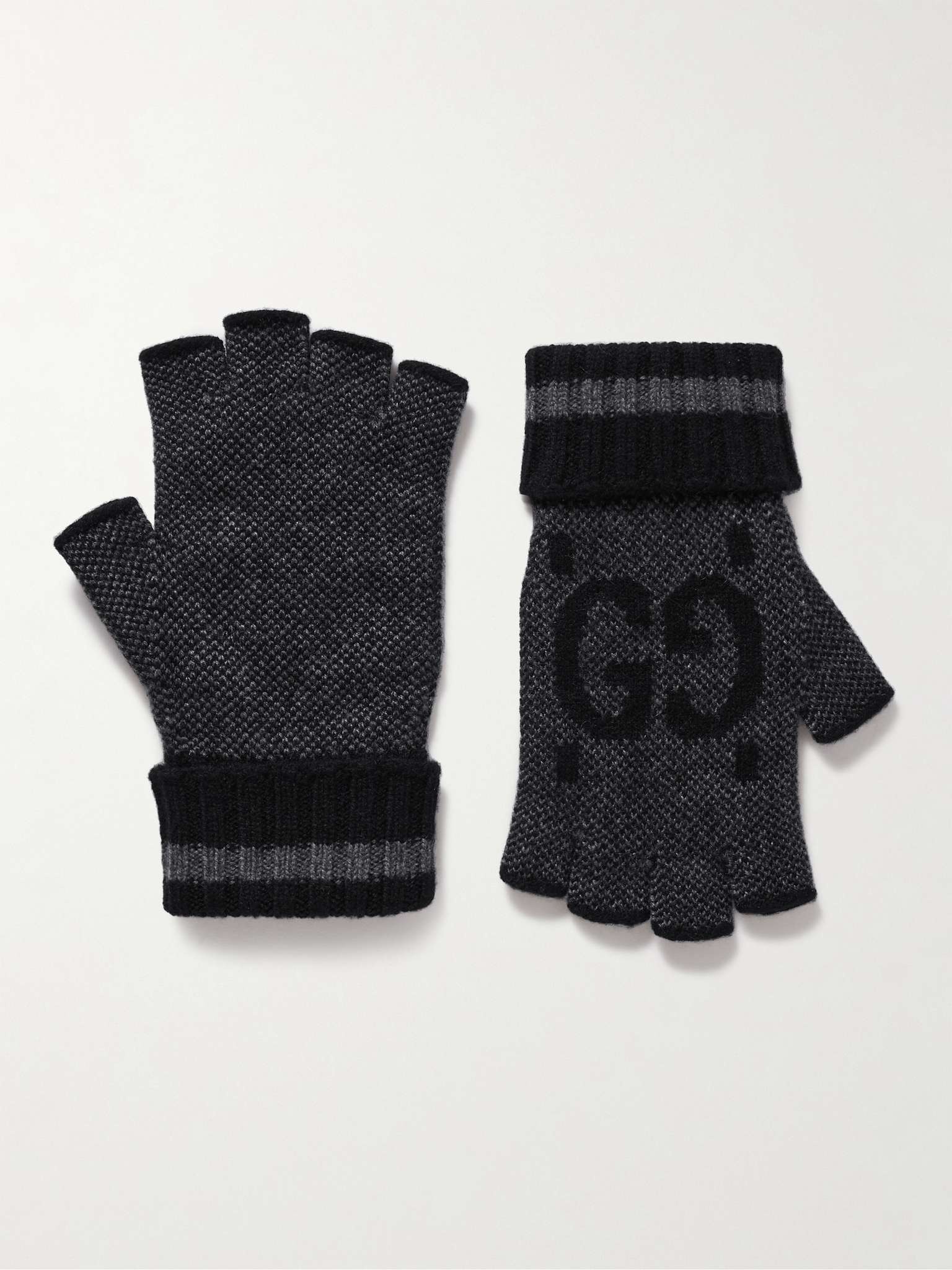 Fingerless Monogrammed Jacquard-Knit Cashmere Gloves - 1