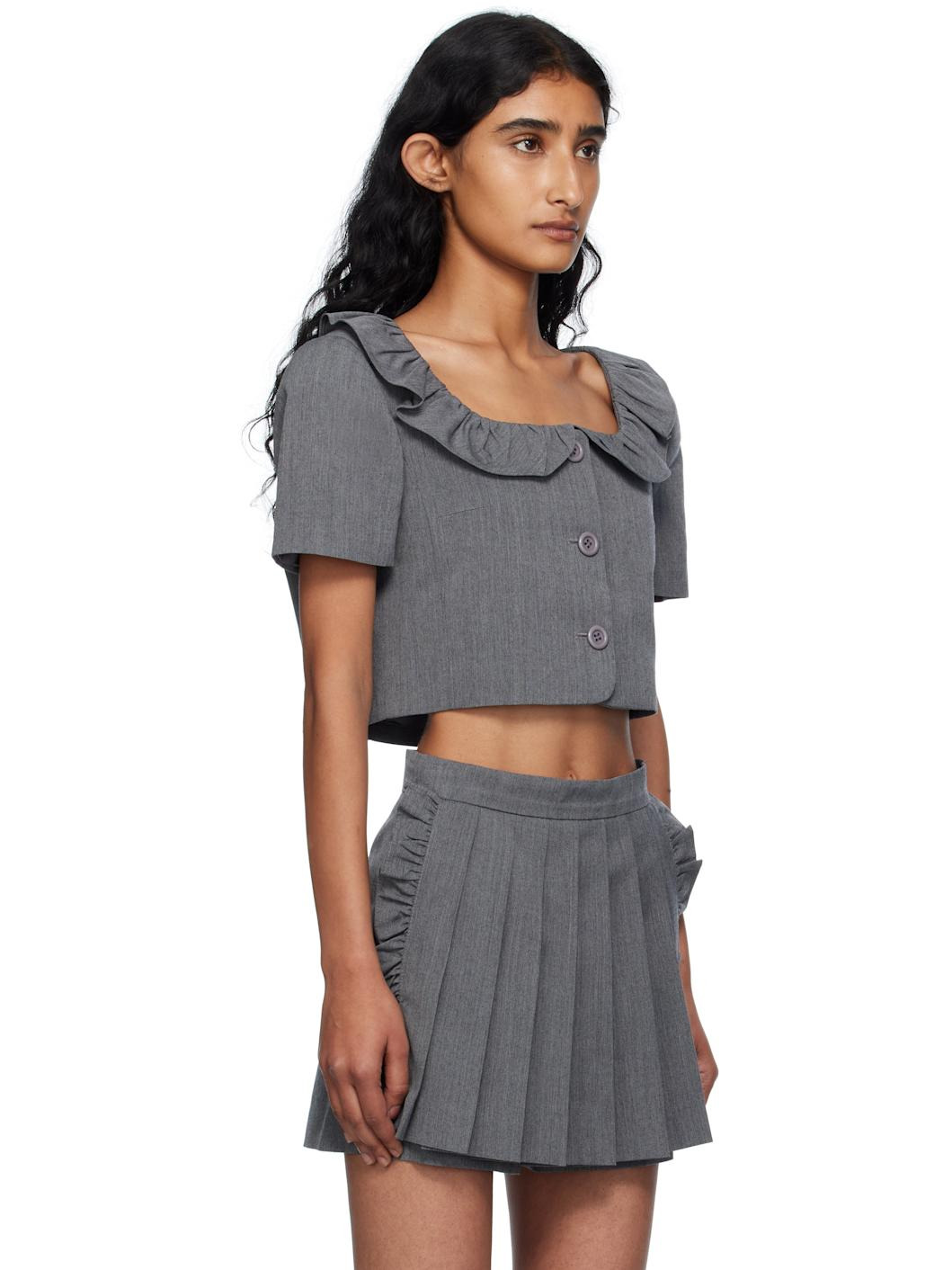 Gray Frilled Neck Cropped Top - 2