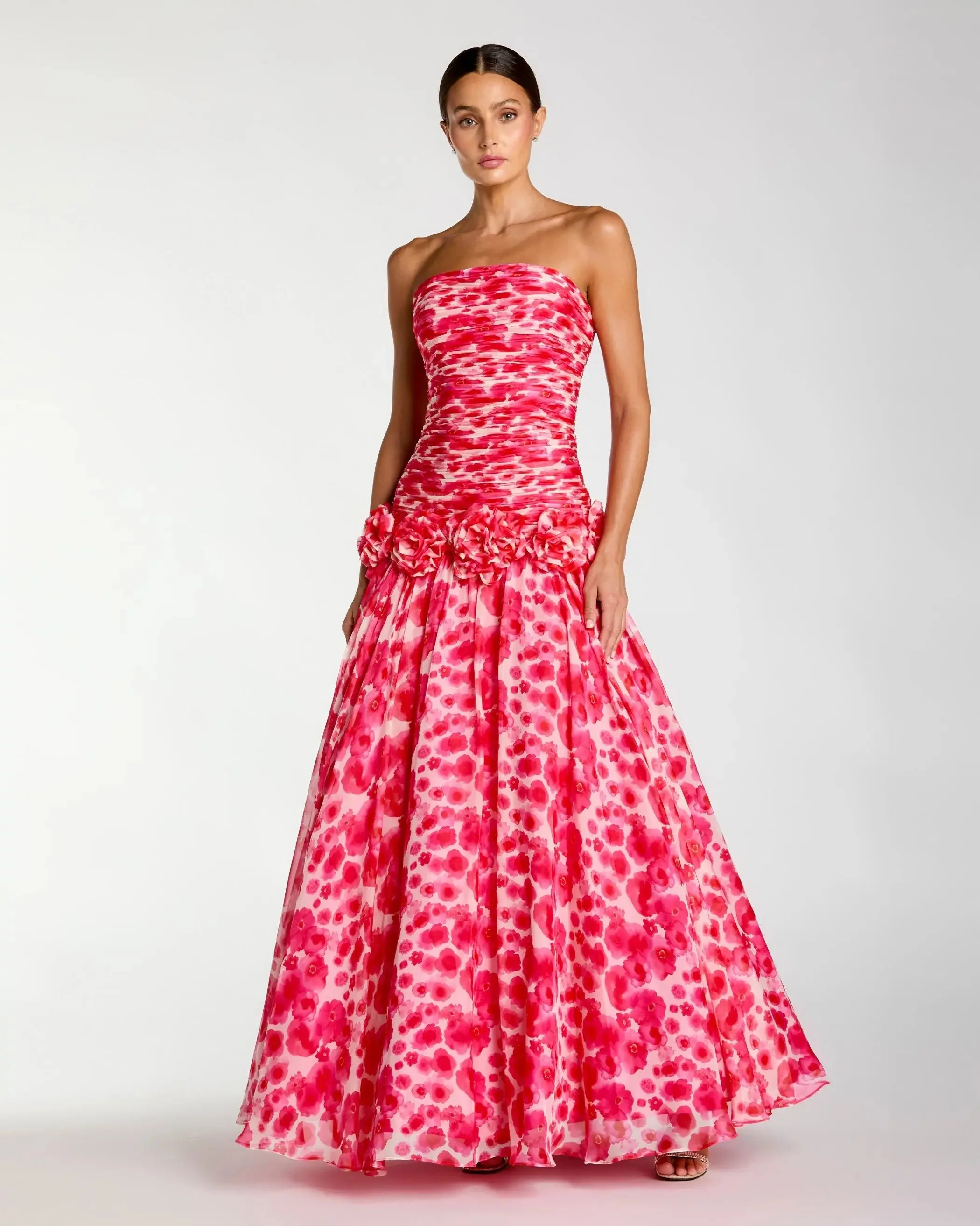 Pink Strapless Chiffon Ball Gown With 3D Flowers - 1