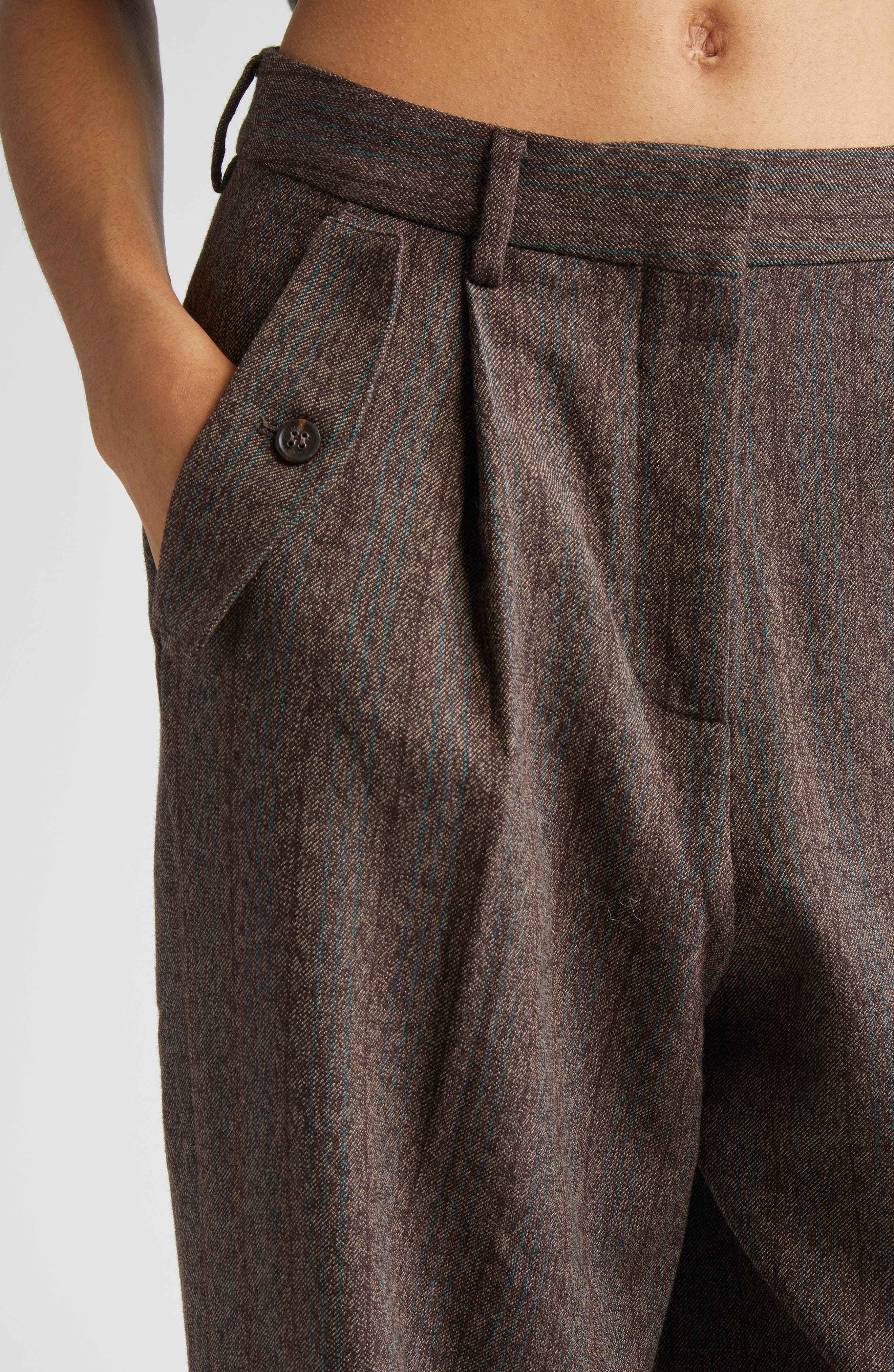 Golden Goose Journey Pinstripe Pleated Wool Wide Leg Pants in Cocoa Brown/Turquoise at Nordstrom - 5
