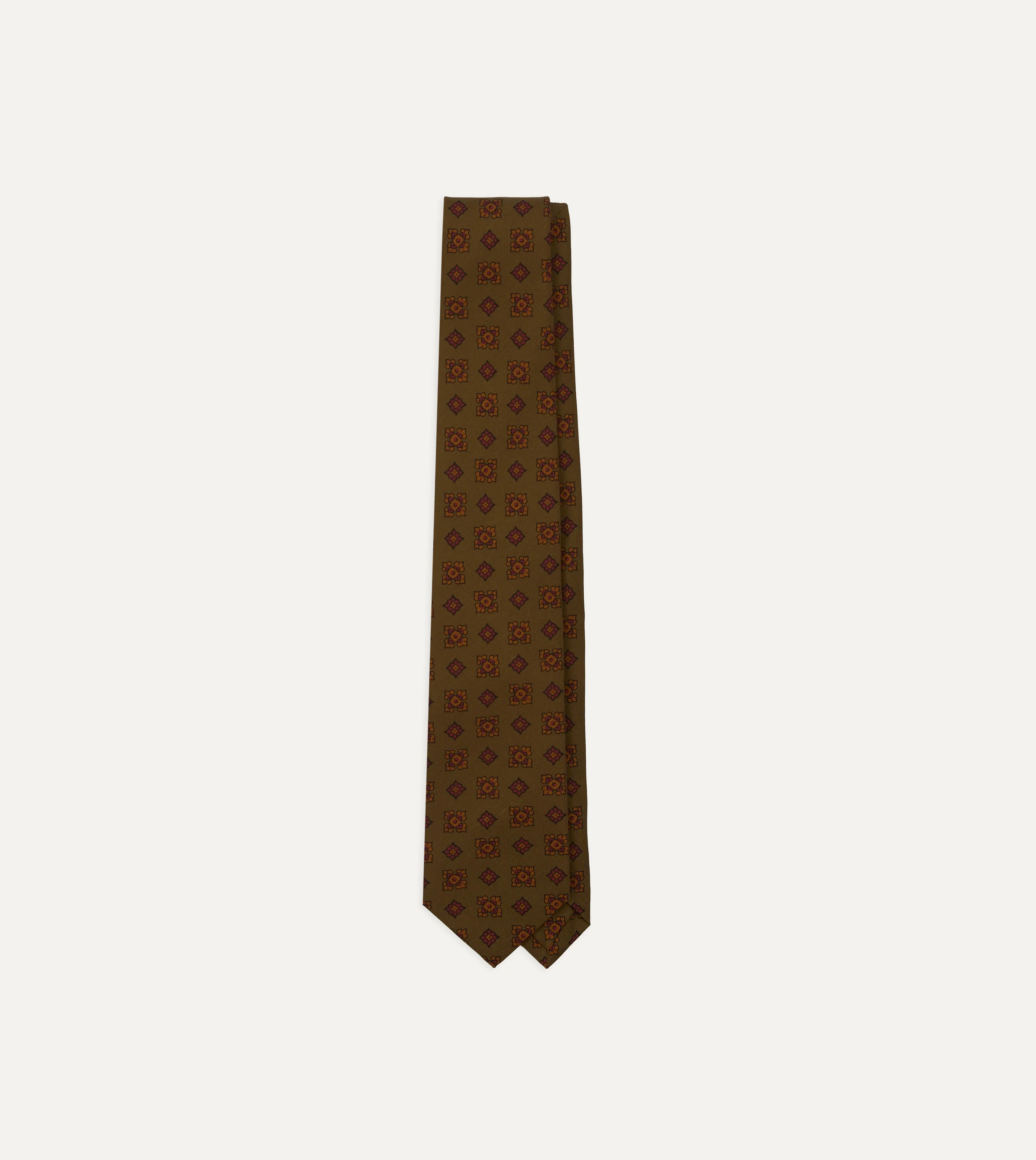 Olive Flower Medallion Print Silk Self-Tipped Tie - 1