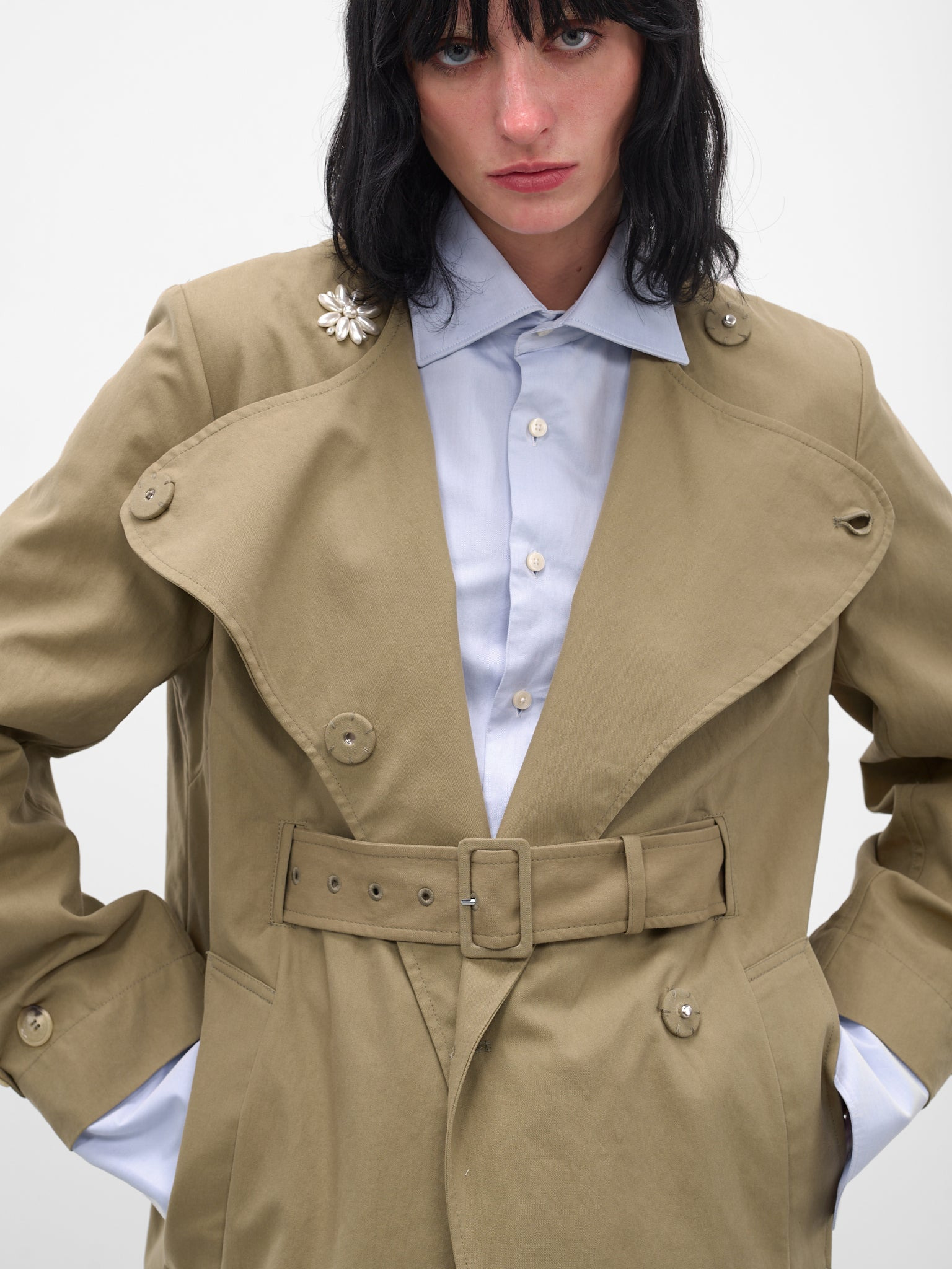 Beige Collarless Slit Trench Coat - 5