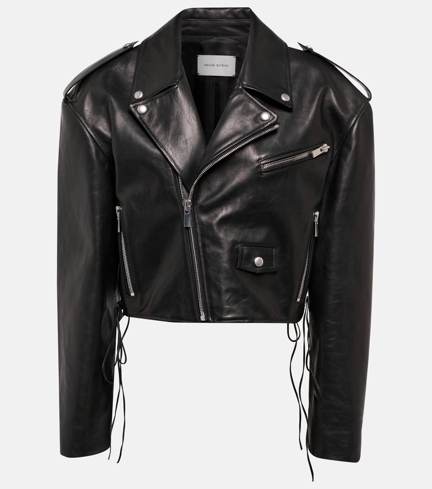 Cropped leather biker jacket - 1