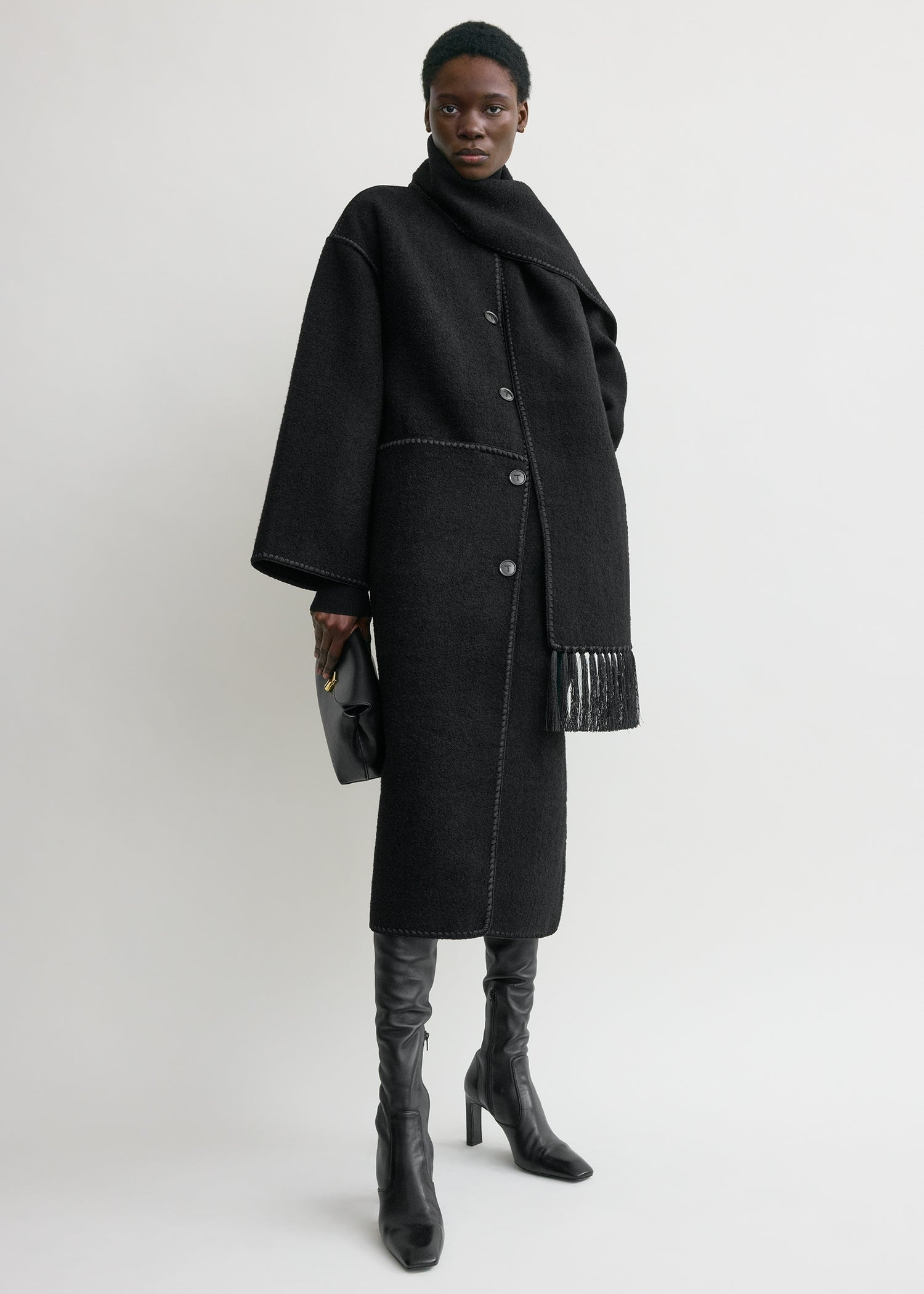Embroidered scarf coat black - 2