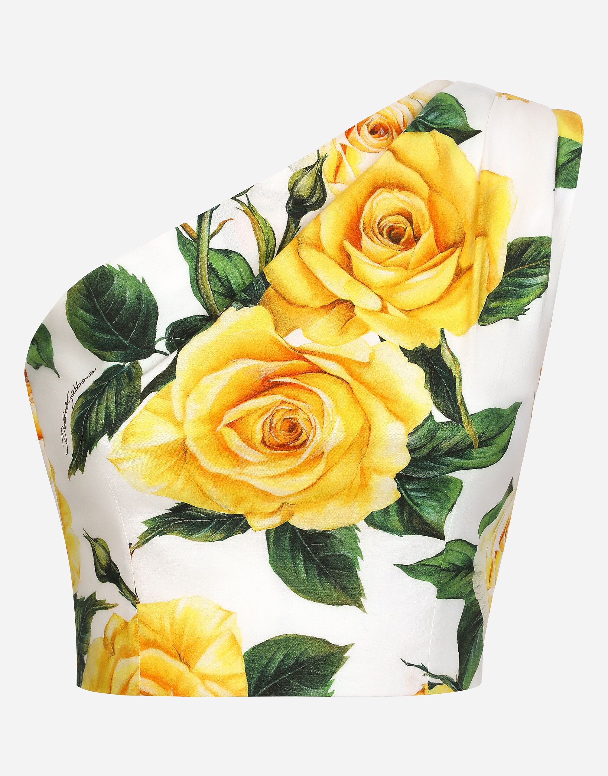 One-shoulder cotton crop top with yellow rose print - 1