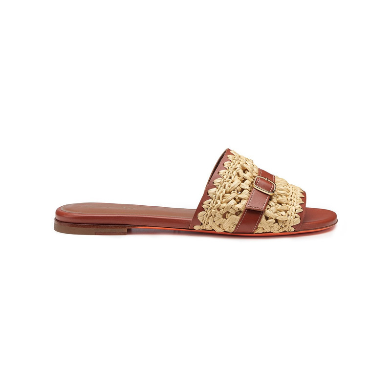 Women's brown leather and raffia slide sandal 1