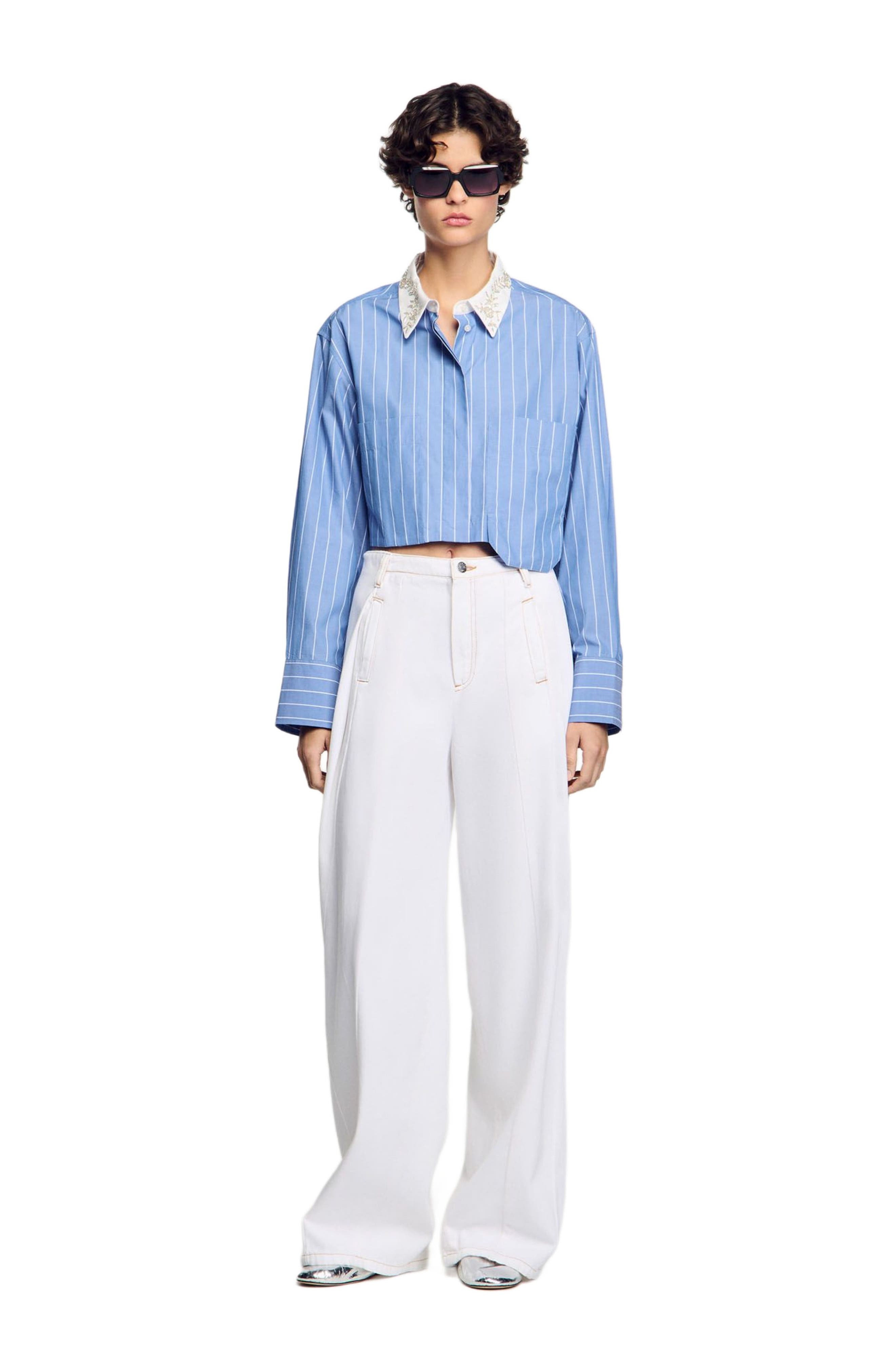 SANDRO Striped cropped shirt in Sky Blue at Nordstrom - 6