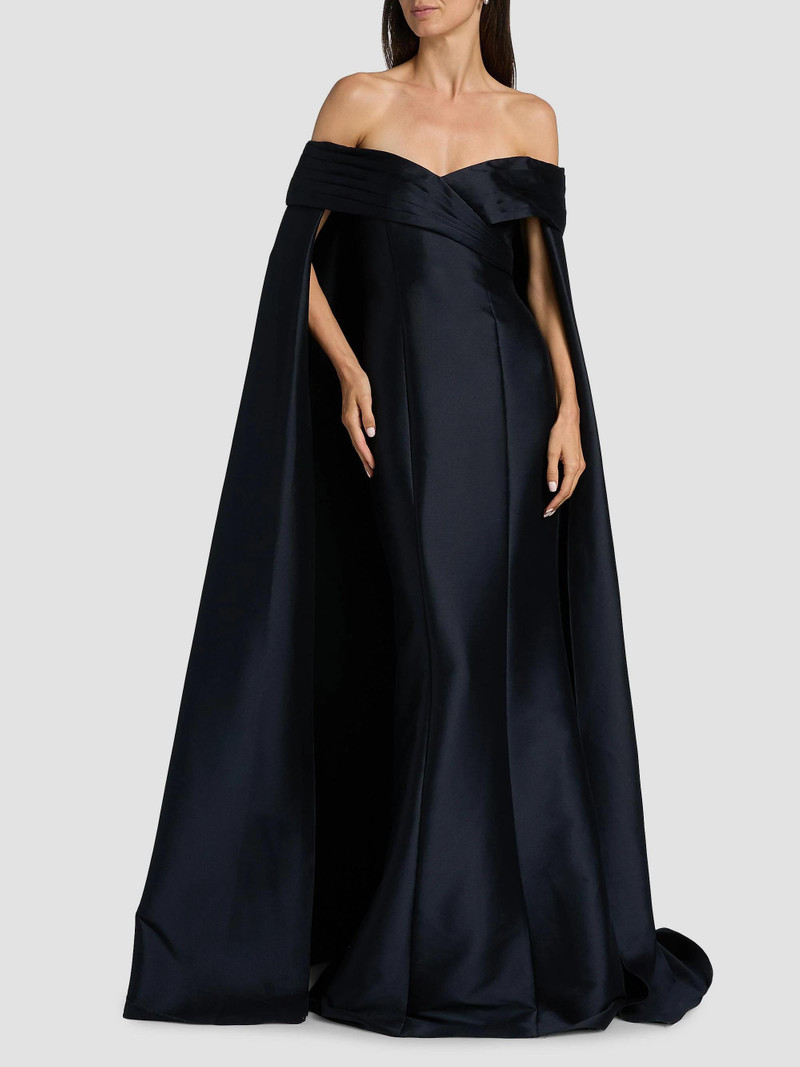 Women's Mikado Off-The-Shoulder Cape Gown - Navy 3