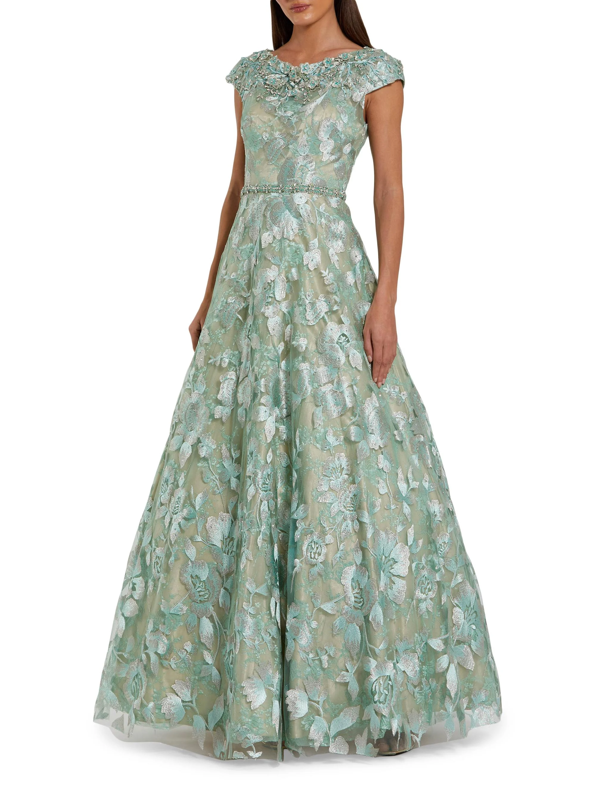 Women's Embellished Cap-Sleeve High-Neck Gown - Sage - 1
