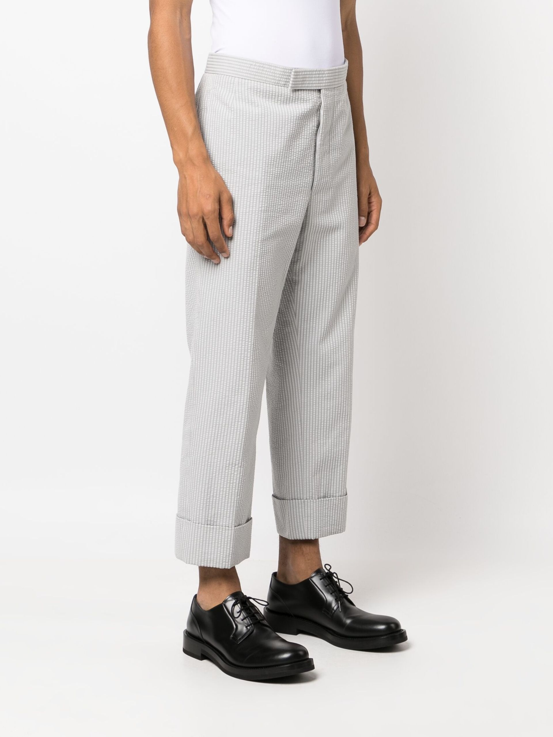 Grey Striped Cotton Straight Trousers - 3