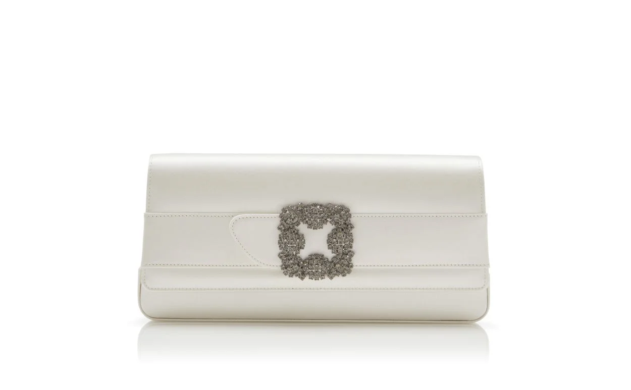 Light Cream Satin Jewel Buckle Clutch - 1
