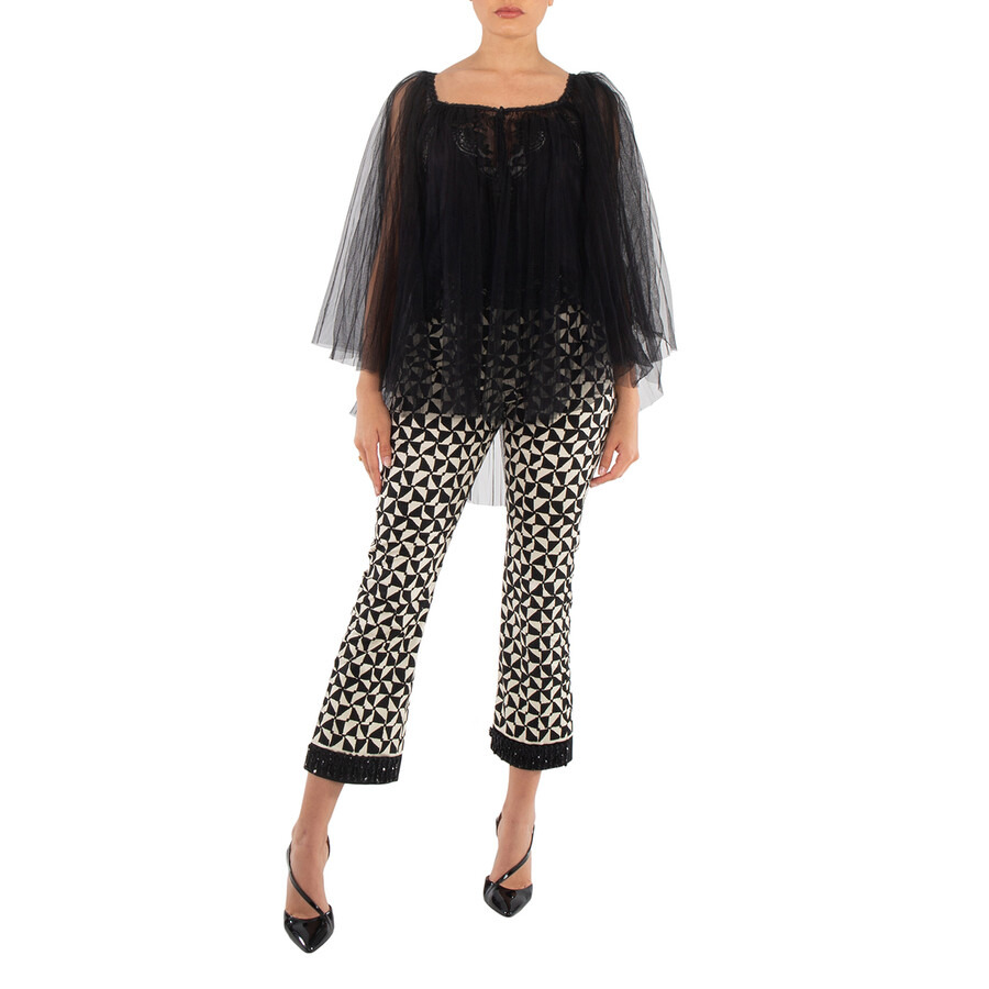 Max Mara Ladies Ecru Geometric-Pattern Print Cropped Pants - 6