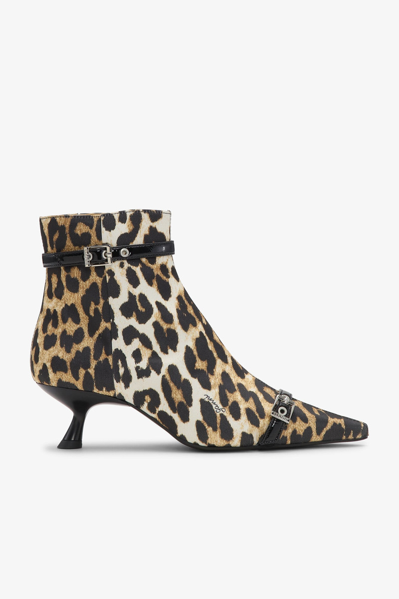 LEOPARD SATIN EYELETS KITTEN HEEL BOOTS - 1