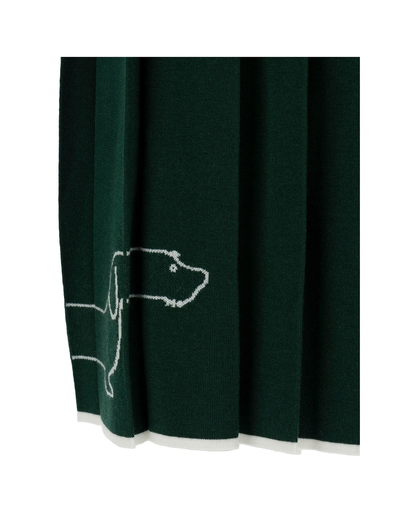 Green Pleated Mini-skirt With Dachshund Print And 4 Bar Detail In Wool Woman - 3