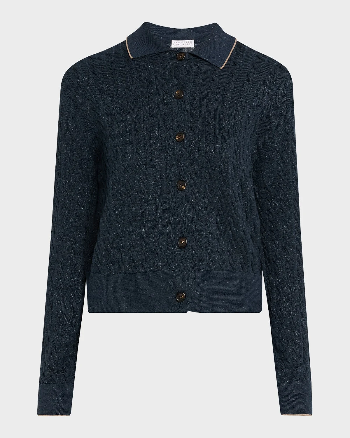 Shimmering Cable Knit Collared Cardigan - 1