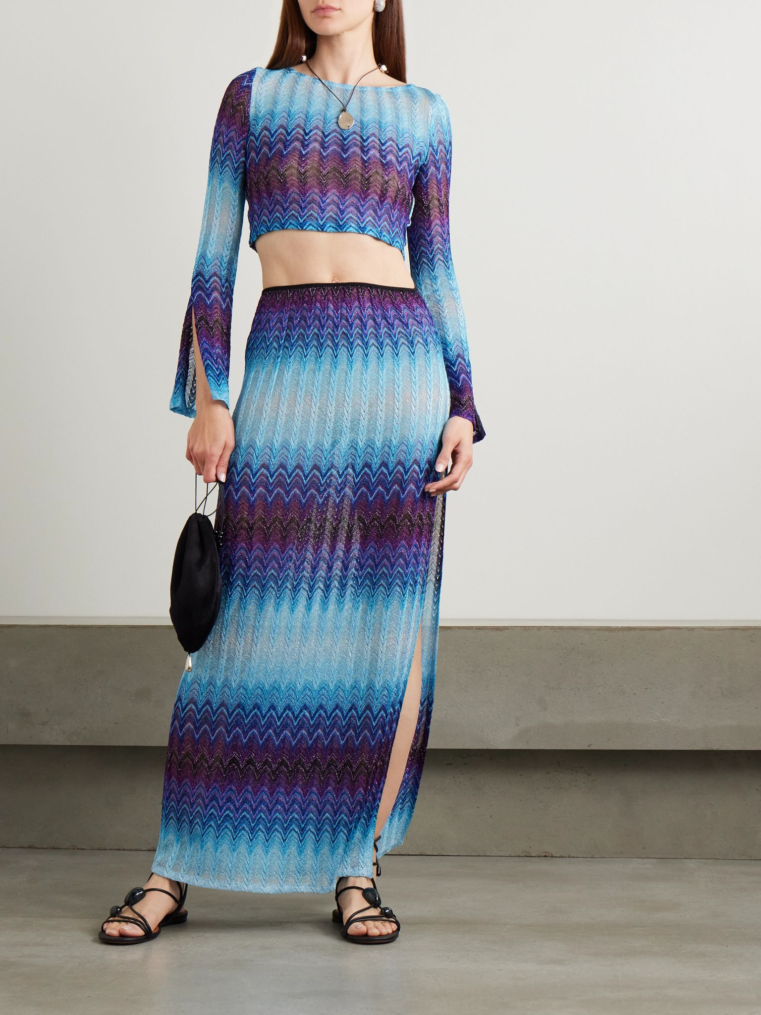 Cropped ombré metallic crochet-knit top Blue - 2