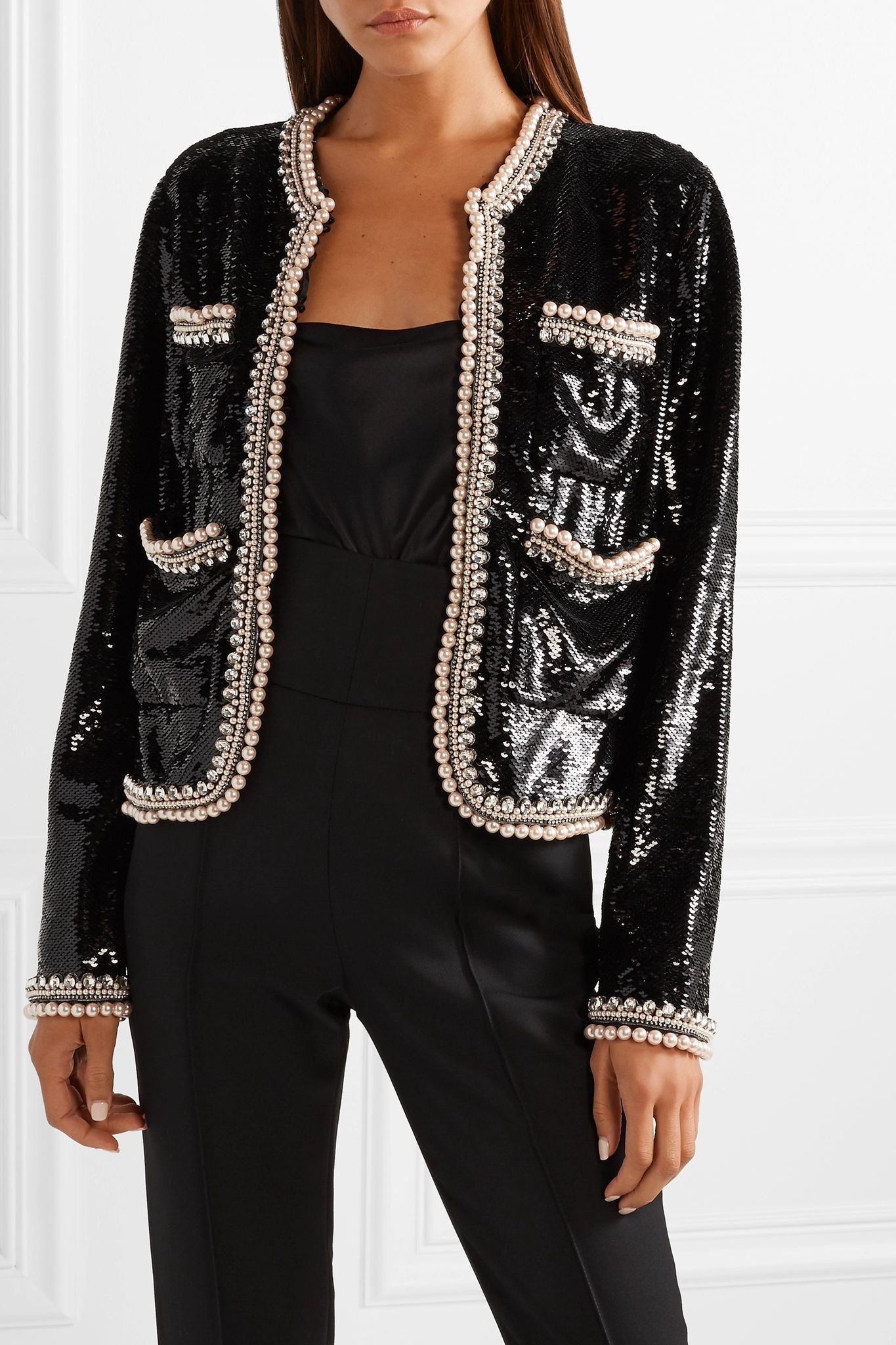 Faux pearl and crystal-trimmed sequined crepe jacket  - 3