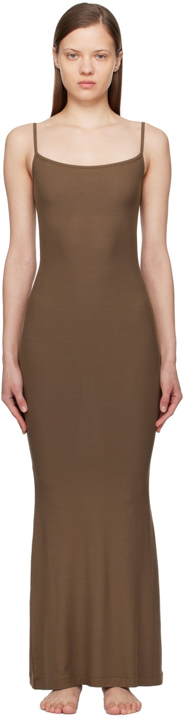 Brown Soft Lounge Long Slip Maxi Dress - 1