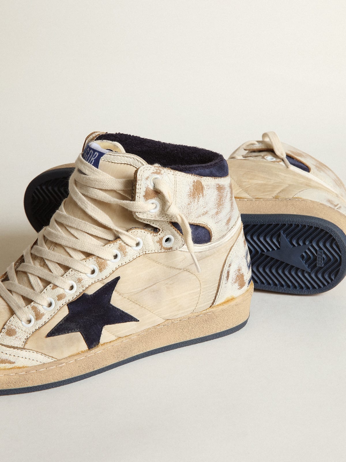 Men's Sky-Star in cream-colored nylon and leather with blue suede star - 4