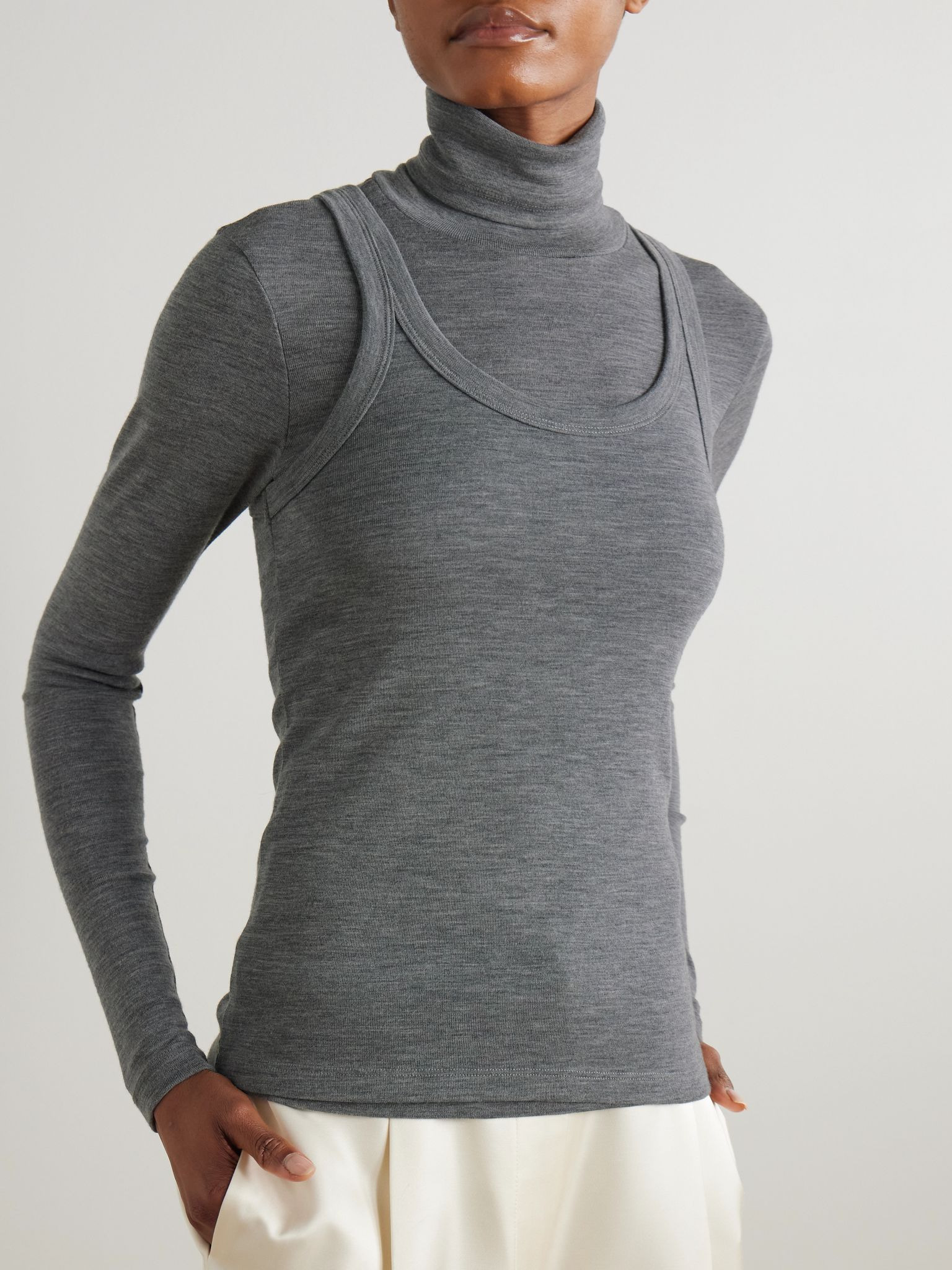 Convertible layered merino wool-jersey turtleneck top Charcoal - 3