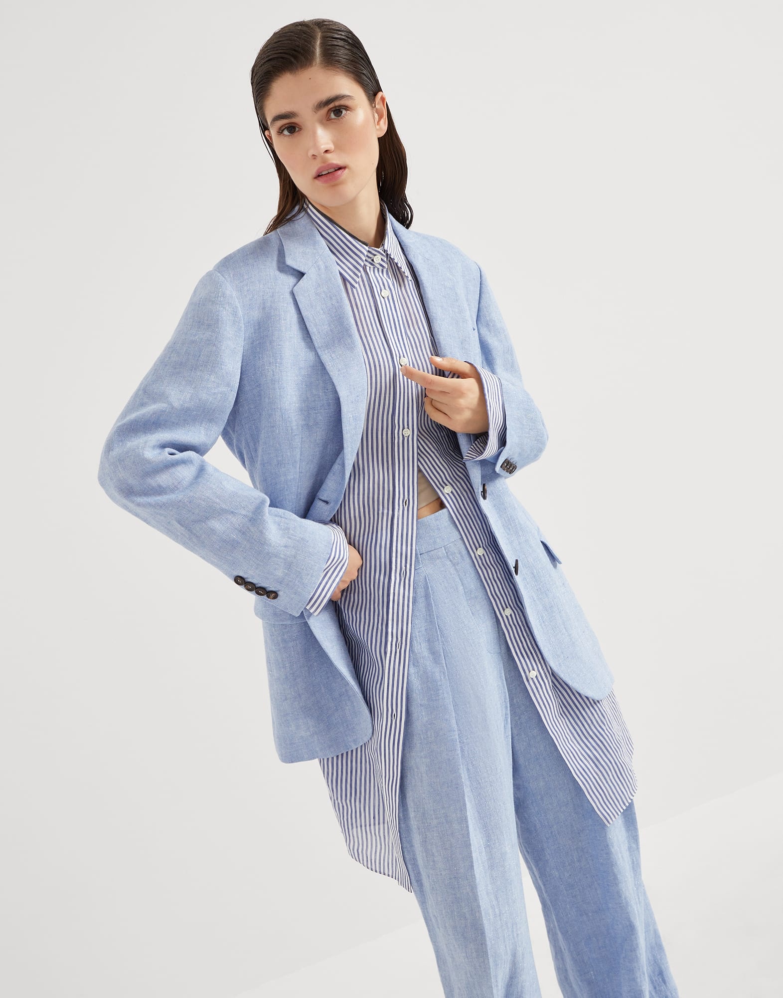 Linen sparkling canvas blazer with monili - 4