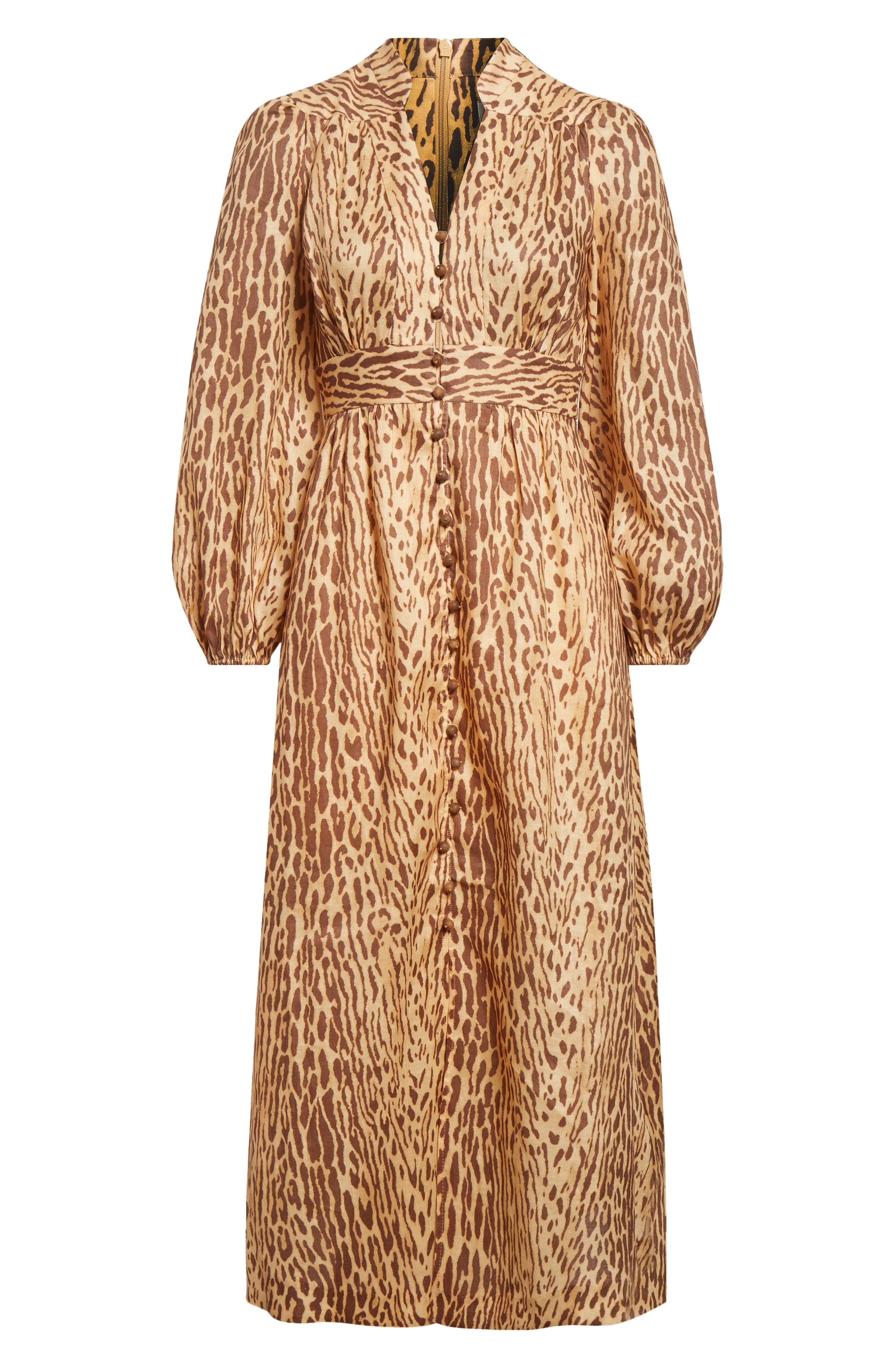 Zimmermann Cascadian Leopard Print Long Sleeve Linen Midi Dress in Tan Leopard at Nordstrom - 5