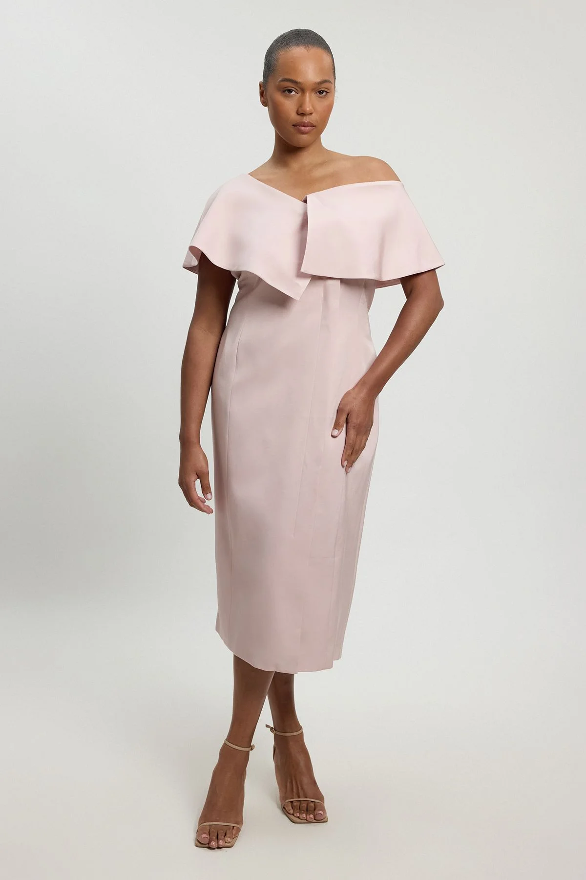 Plus Size Polished Linen Blend Asymmetric Fold Detail Tailored Midi Pencil Dress - 1