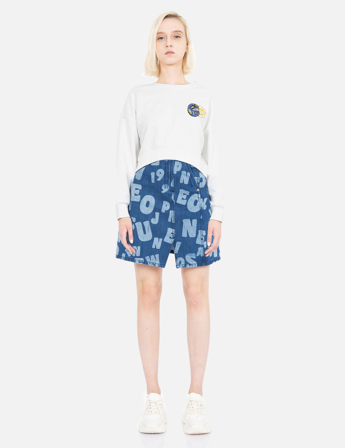 ALLOVER TEXT DISCHARGE PRINT DENIM SKIRT - 6