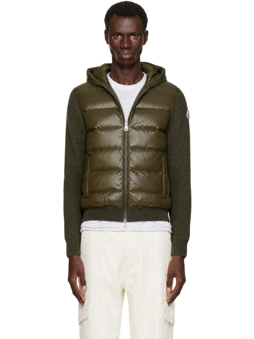 Khaki Padded Wool Zip-Up Down Hoodie - 1