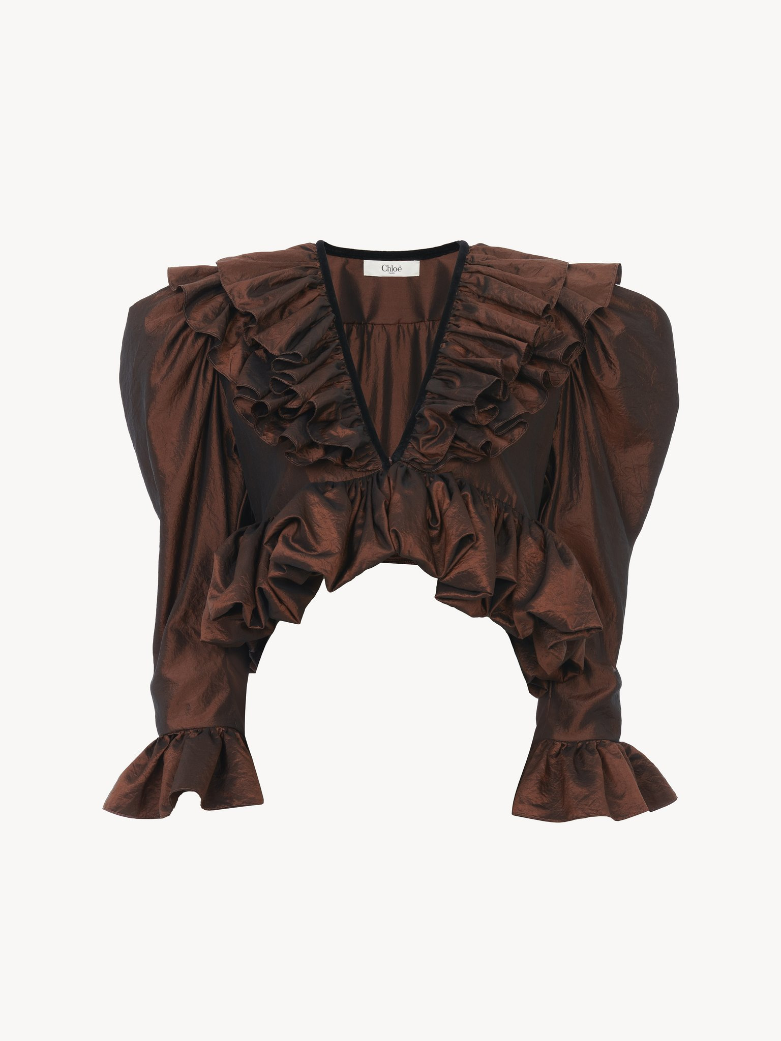 CROPPED V-NECK RUFFLE TOP IN WASHED SILK TAFFETA - 2