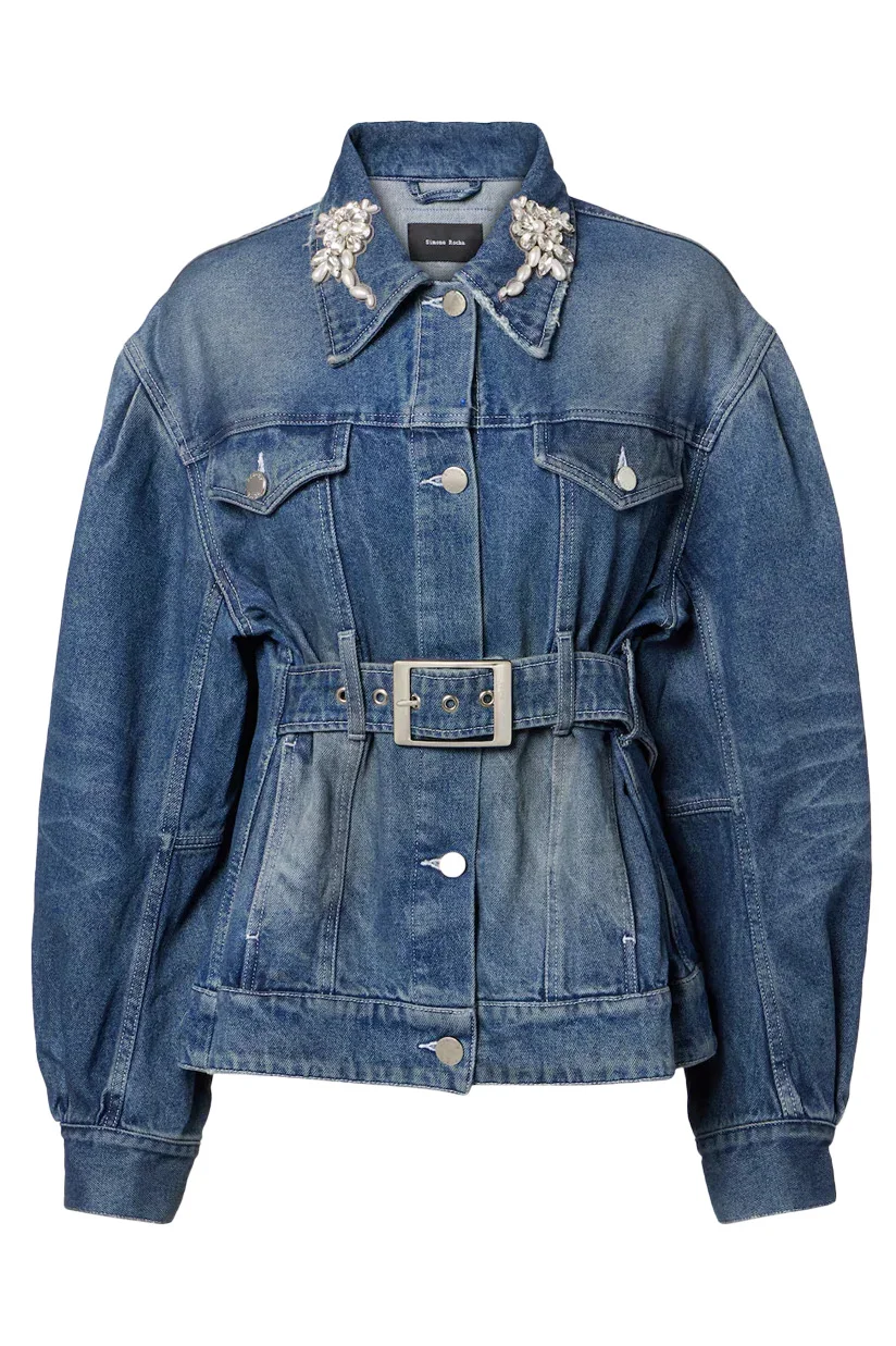 Simone Rocha Multi Belt Waist Tail Denim Trucker Jacket W/ Emb Blue - 1