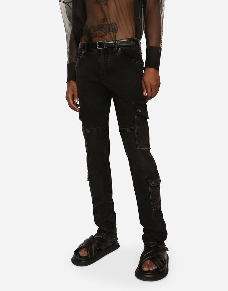 Black wash stretch cargo jeans - 4