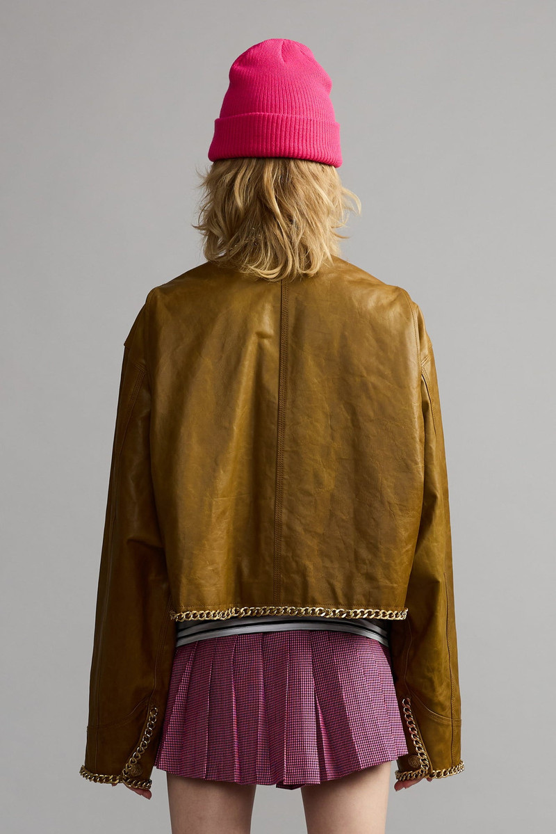 CHAIN EMBELLISHED CROPPED LEATHER JACKET 5