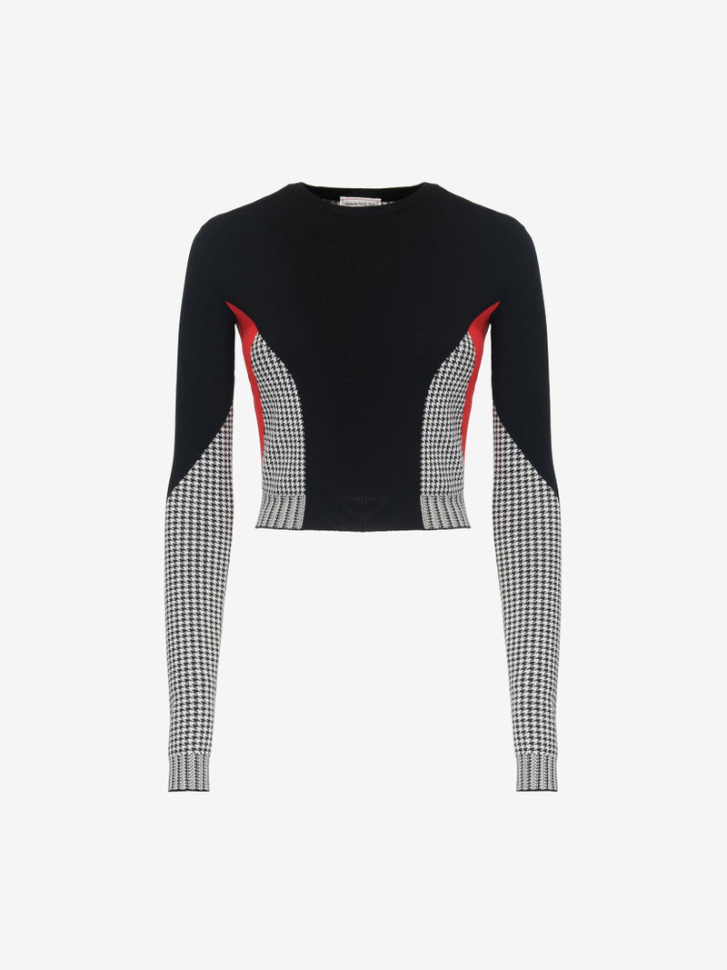 Women's Dogtooth Colour-block Jumper in Black/white/red - 1