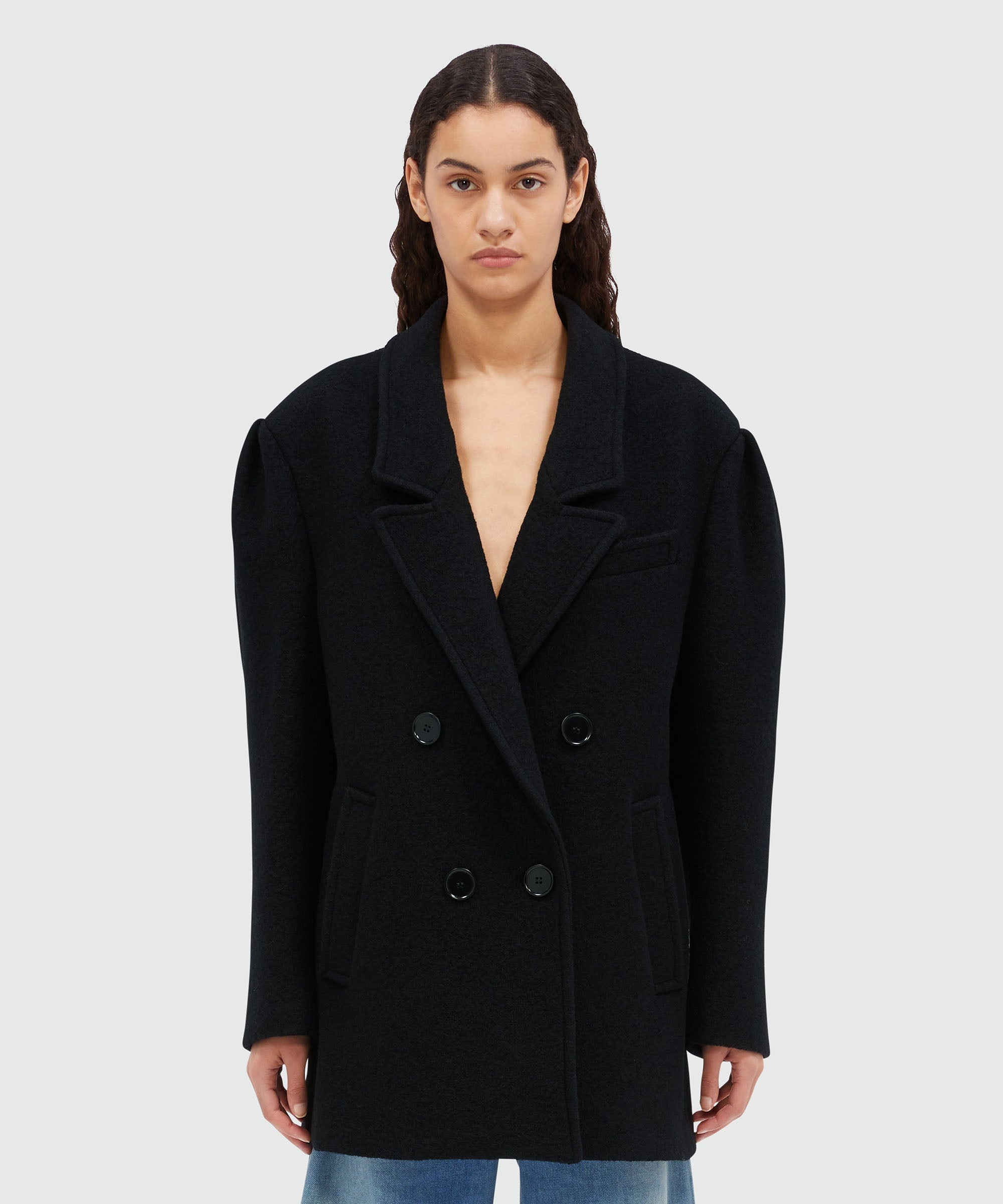 Black double-breasted bouclé wool pea coat - 2