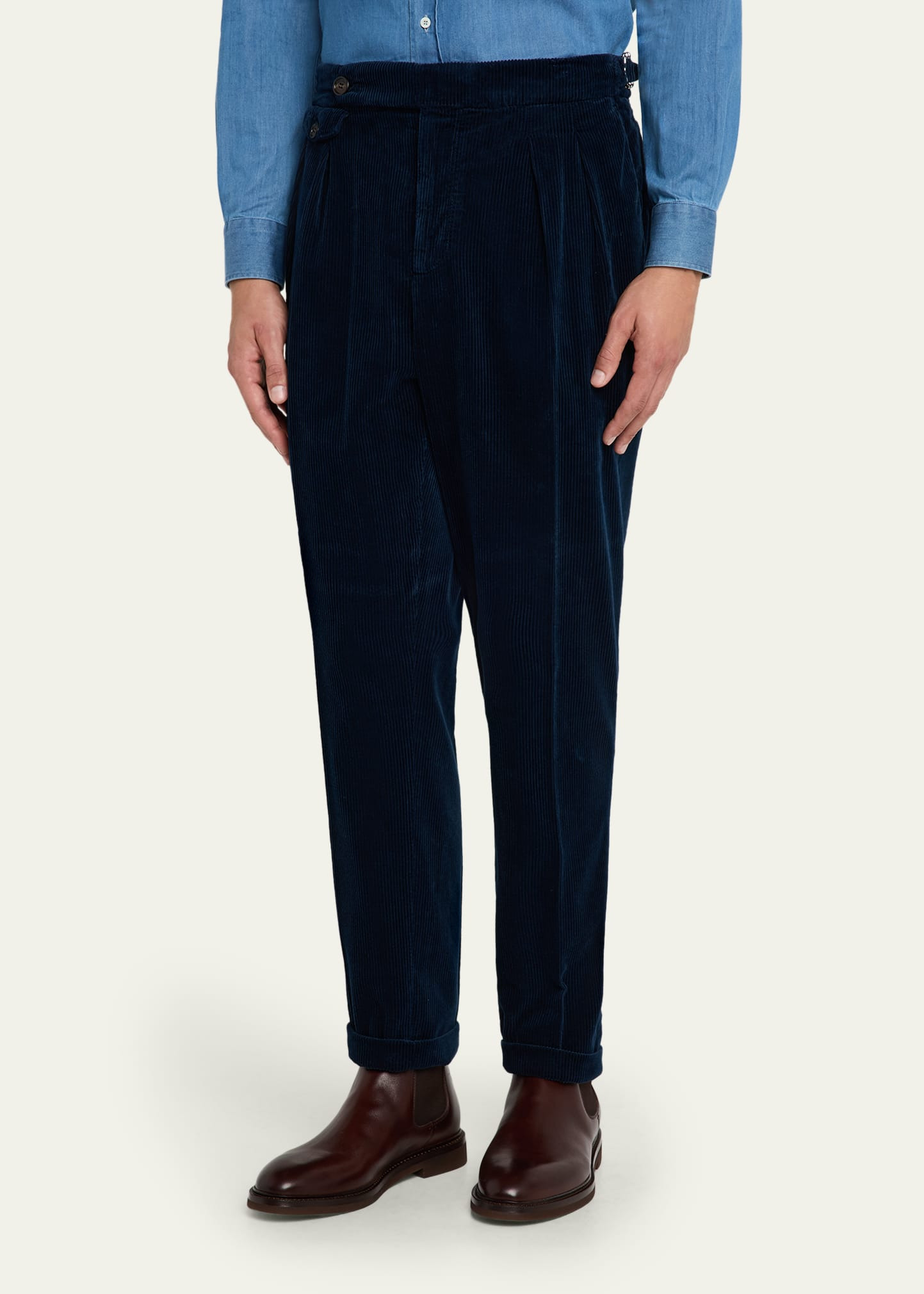 Men's Cotton Corduroy Waist-Tab Pleated Pants - 4