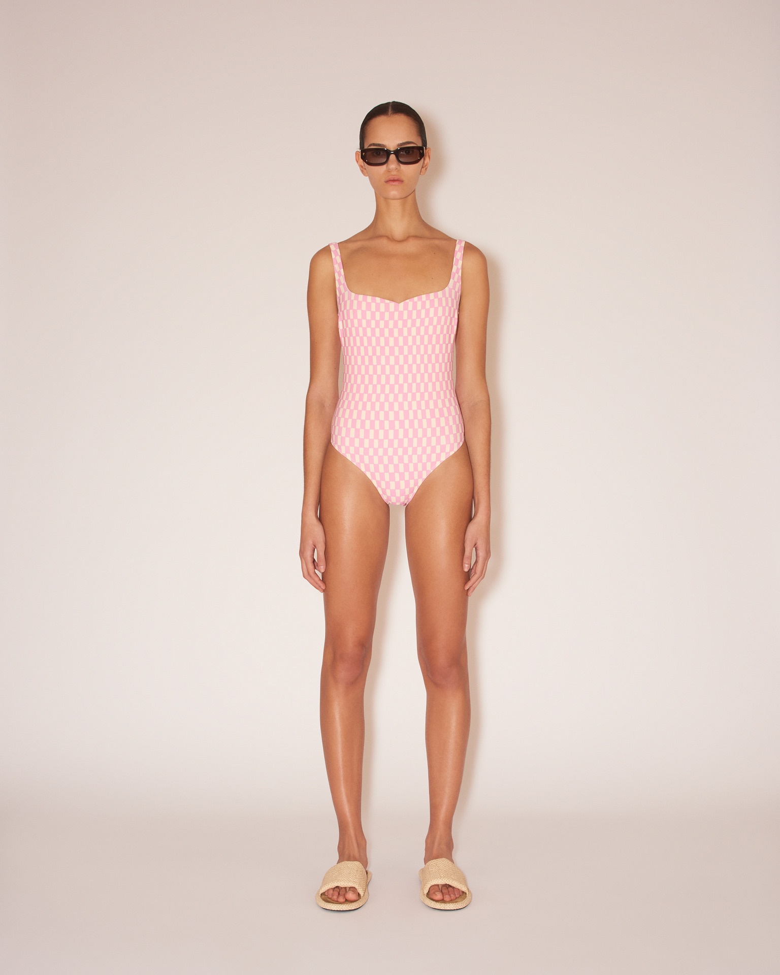 JANICE - Matte stretch onepiece - Pink/creme oblong check - 3