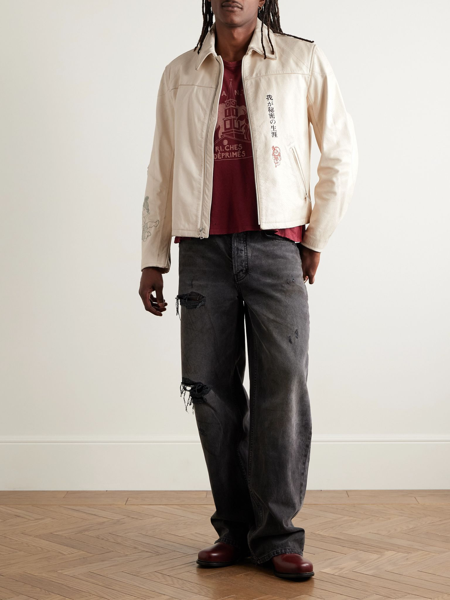 The Bully Distressed Embroidered Tumbled-Leather Jacket Cream - 2