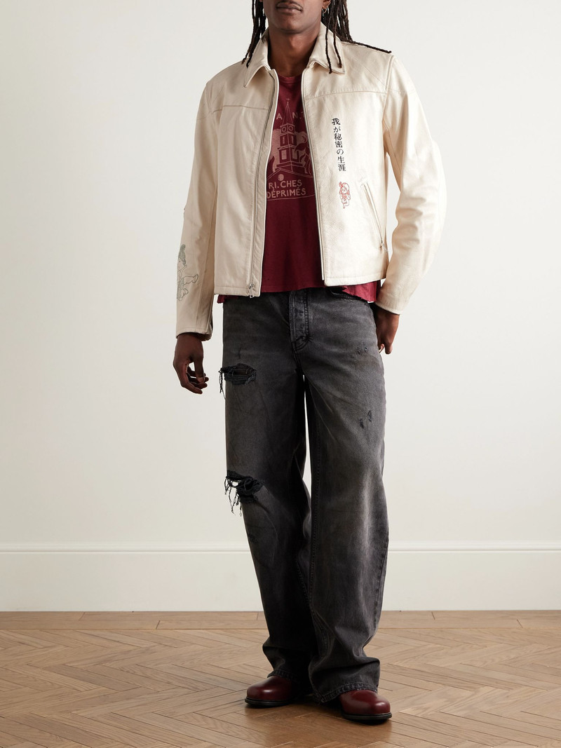 Enfants Riches Déprimés The Bully Distressed Embroidered Tumbled-Leather Jacket Cream outlook