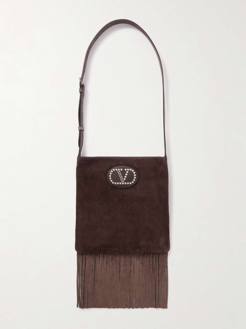 Nellcote embellished fringed leather-trimmed suede shoulder bag Burgundy - 1
