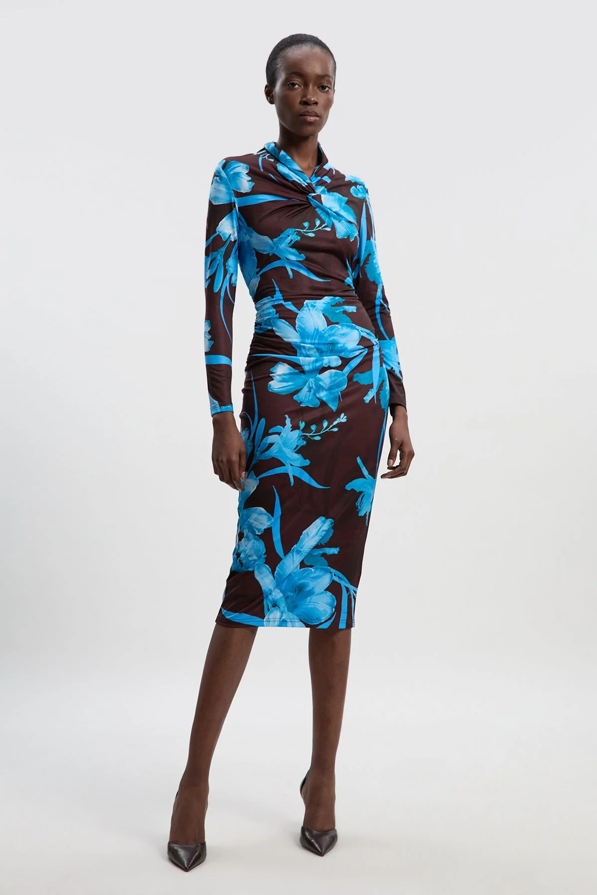 Floral Print Crepe High Neck Midi Dress - 1