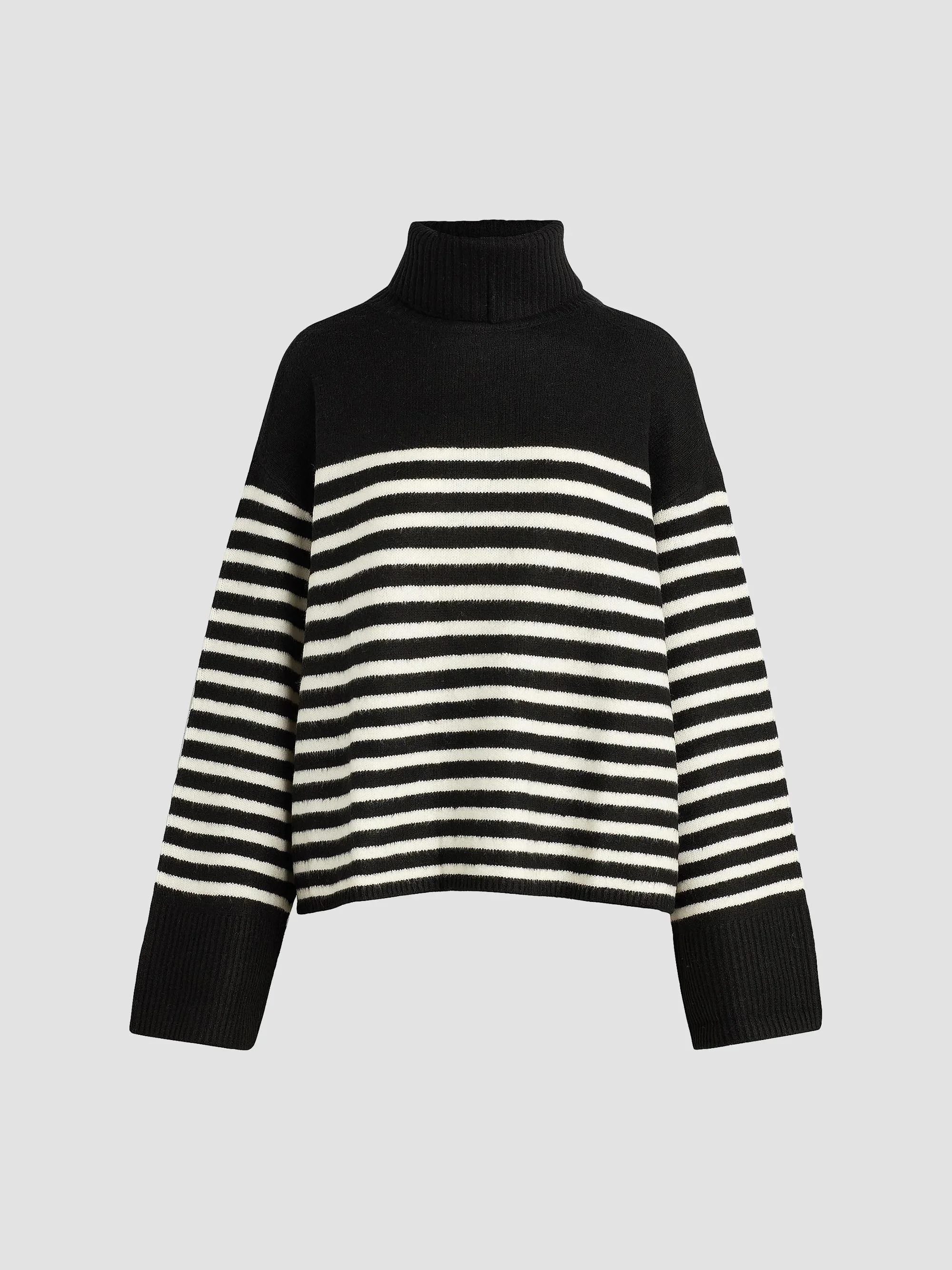 Women's The Penelope Striped Turtleneck Sweater - Black With White - 1