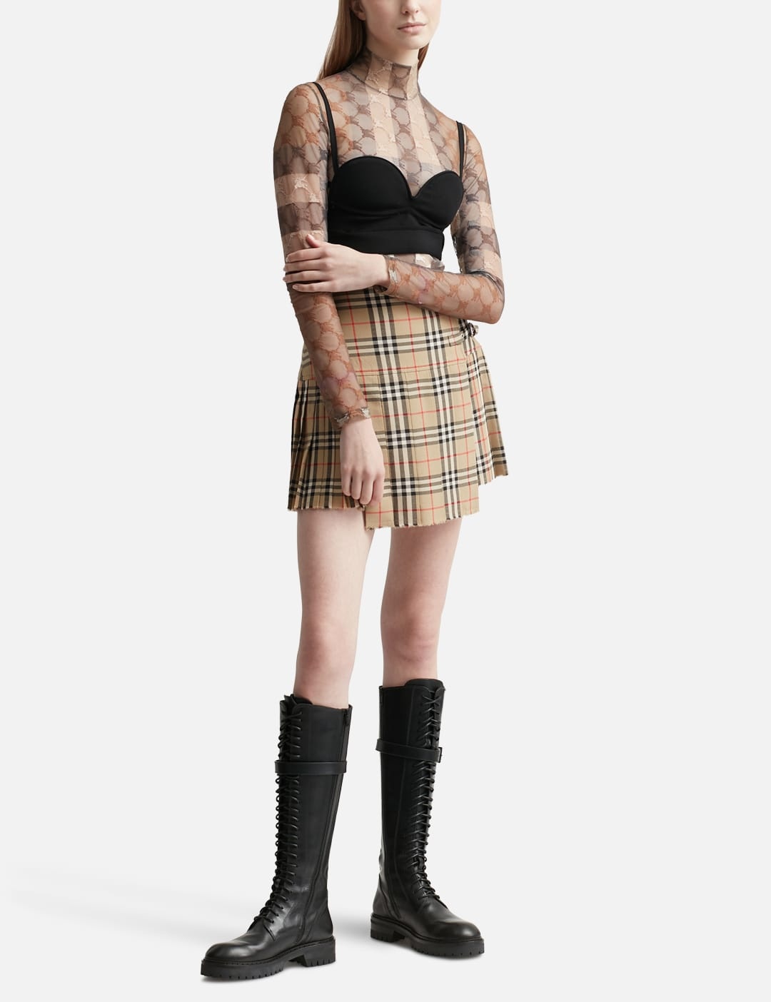 EKD Check Stretch Tulle Turtleneck Bodysuit - 10