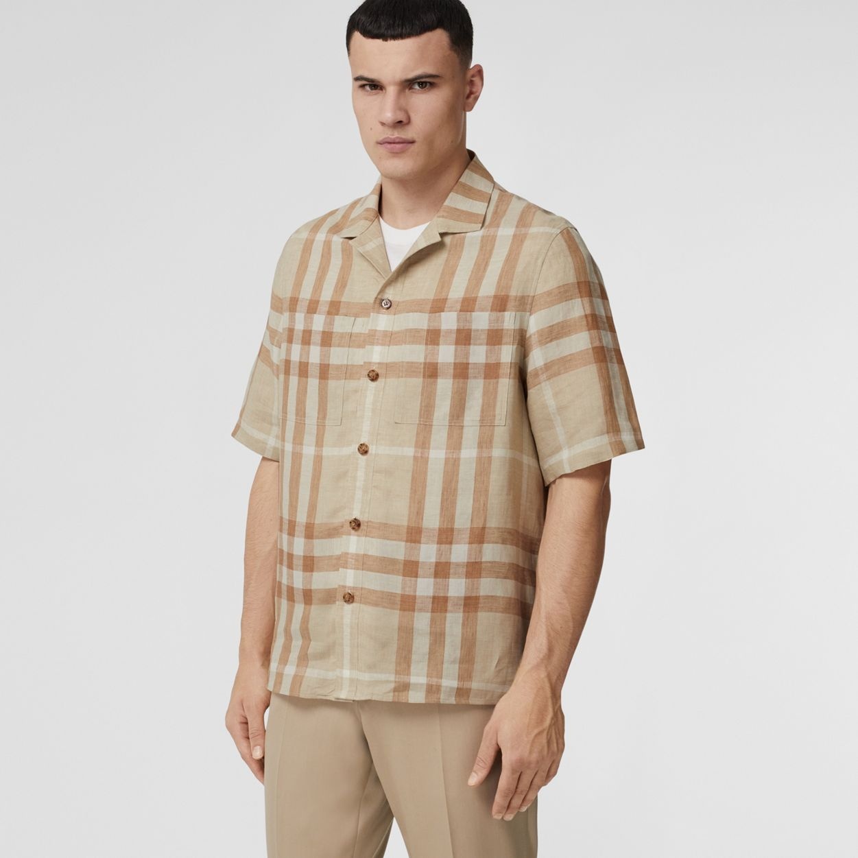 Short-sleeve Check Linen Shirt - 7