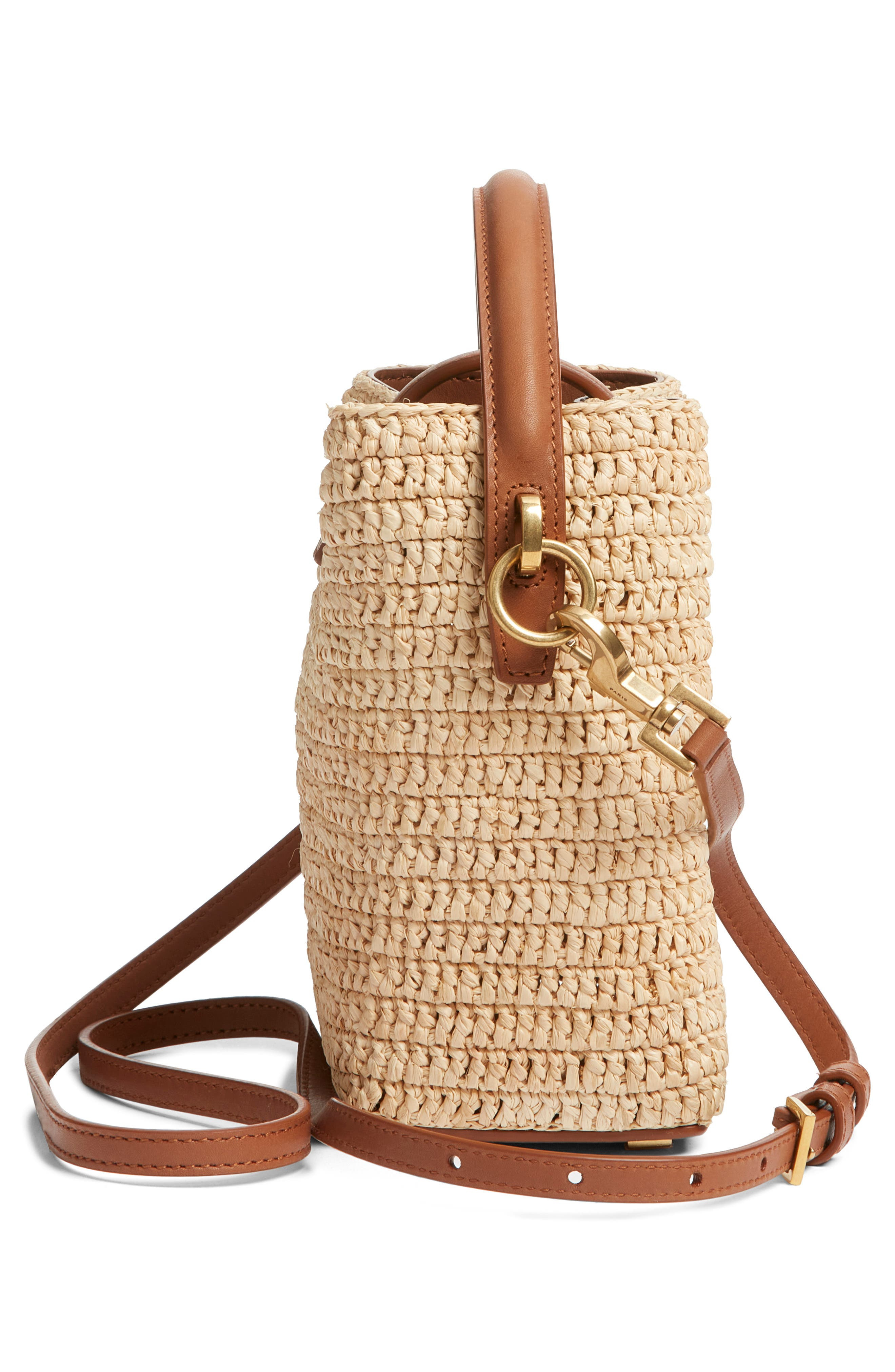 Saint Laurent Mini Le 37 Raffia Bucket Bag in Naturel/Brick at Nordstrom - 6