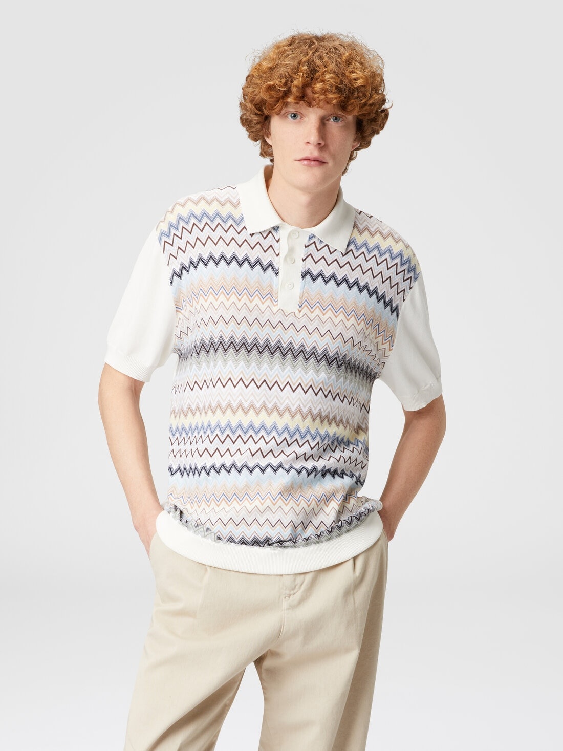 Zigzag cotton knit polo shirt with solid color inserts - 4