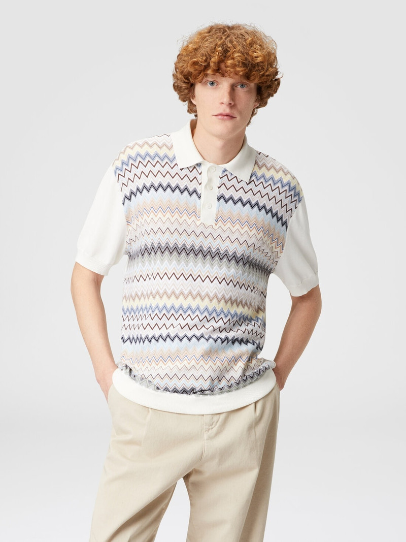 Zigzag cotton knit polo shirt with solid color inserts 4