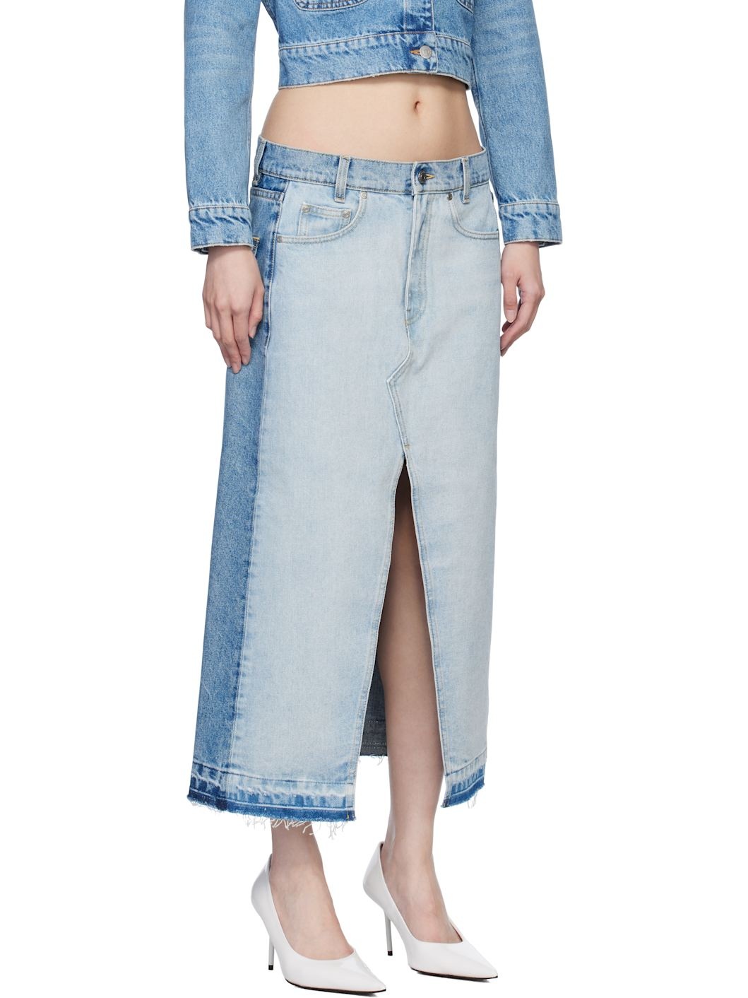 Blue Contrast Panel Denim Midi Skirt - 2
