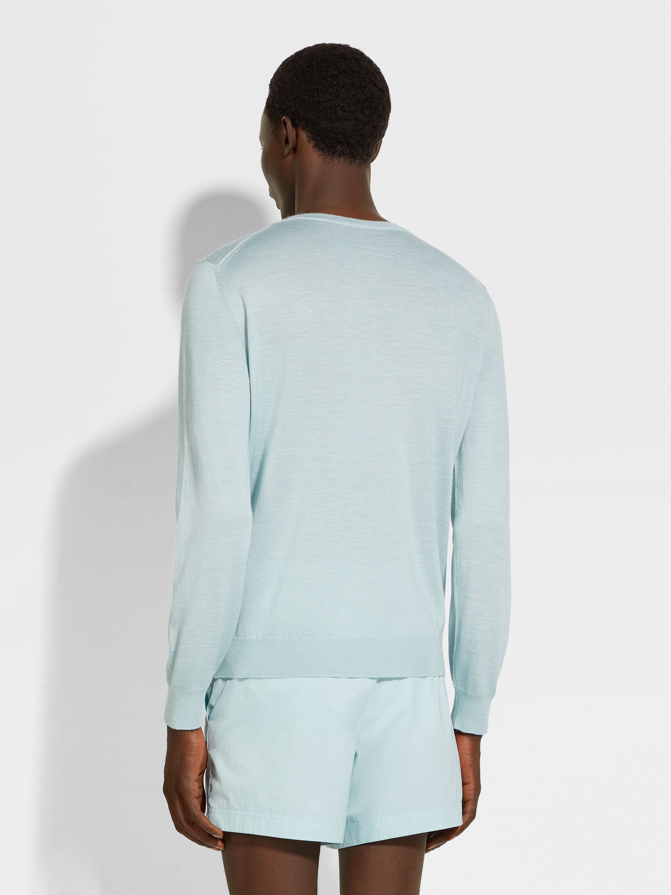 LIGHT BLUE MÉLANGE SILK CASHMERE AND LINEN CREWNECK - 5